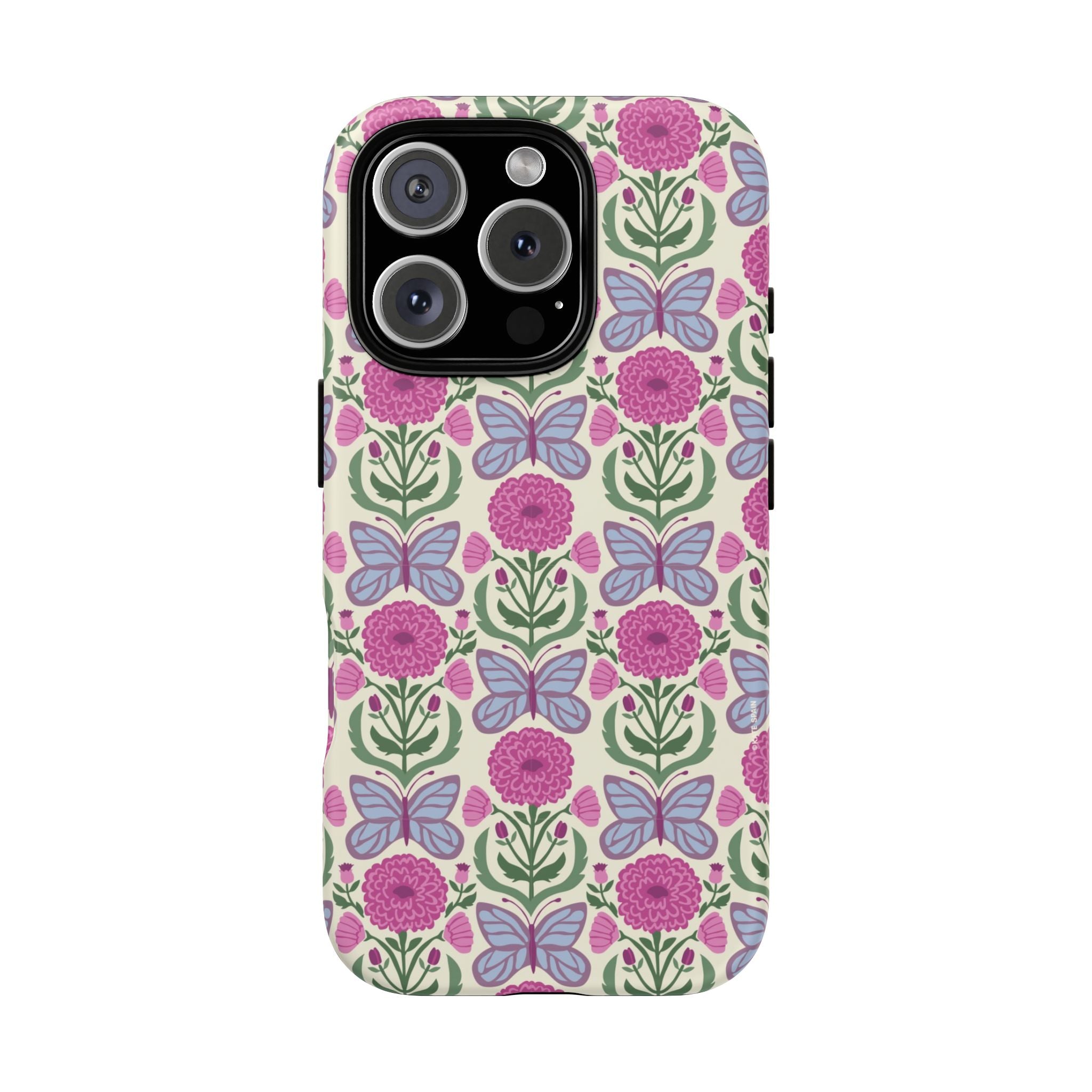 Butterfly Tough iPhone 16 Pro Case – Glossy | cream, magenta, periwinkle butterfly floral print