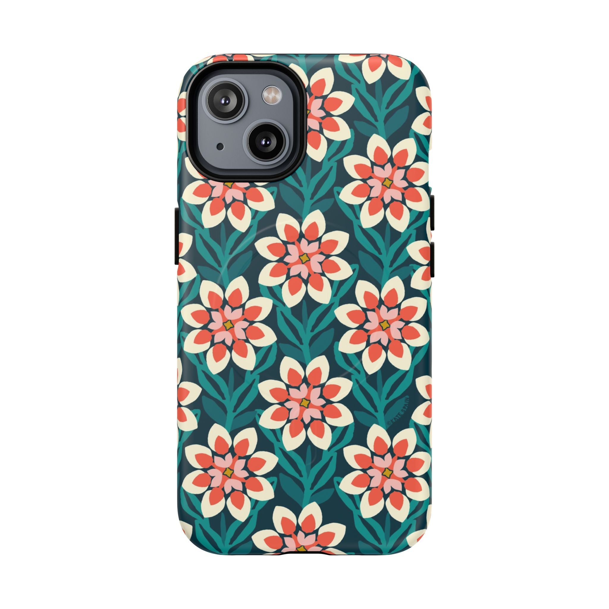 Modern Dahlia MagSafe iPhone 14 Case – Matte | teal, coral, cream botanical dahlia floral print