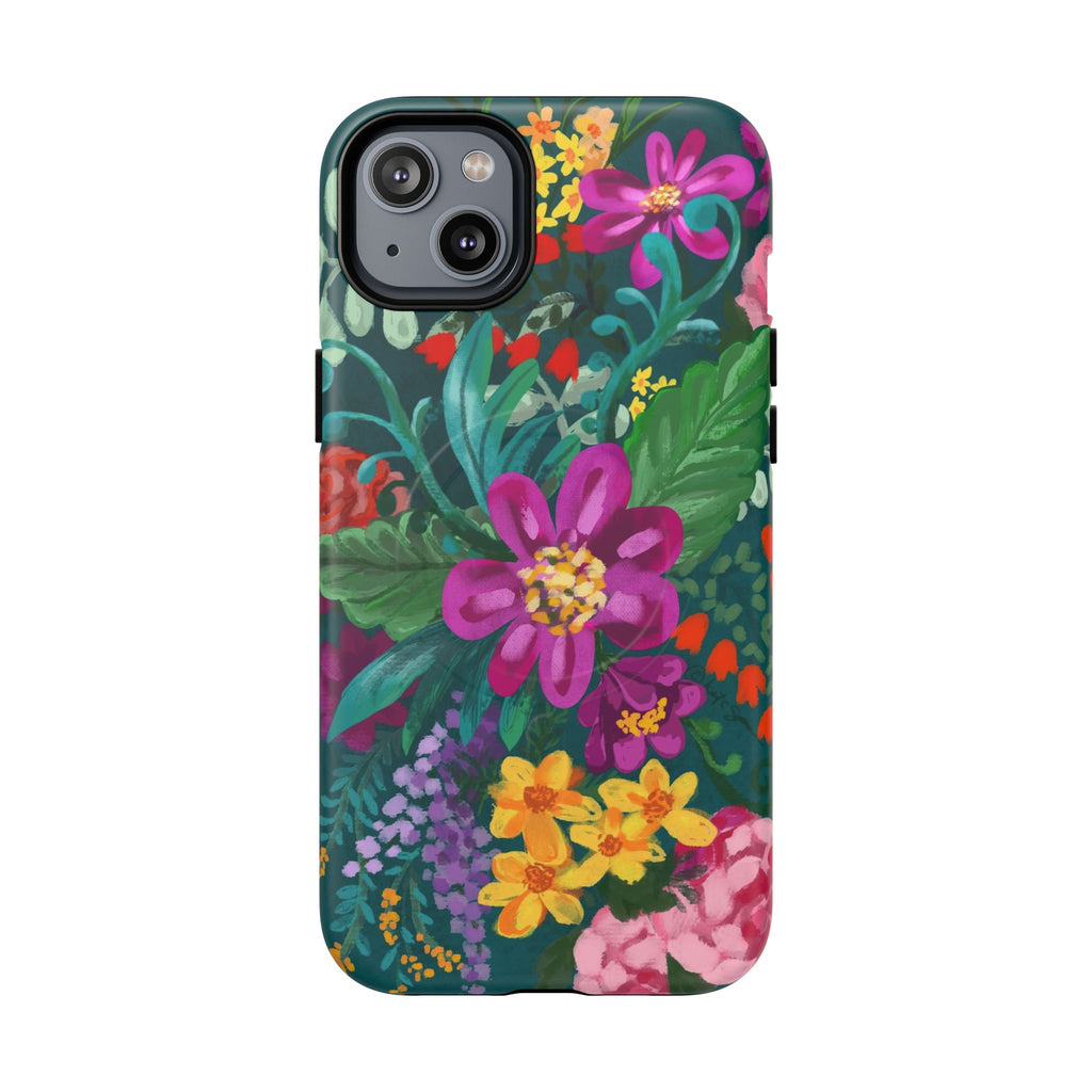 Posy MagSafe iPhone 14 Plus Case – Matte | teal, purple, magenta, yellow botanical wildflower print