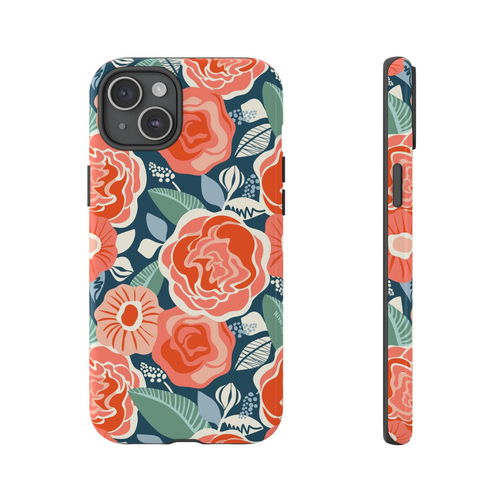 Tea Rose Navy Tough iPhone 15 Plus Case – Matte | navy, coral, pink, cream rose floral print
