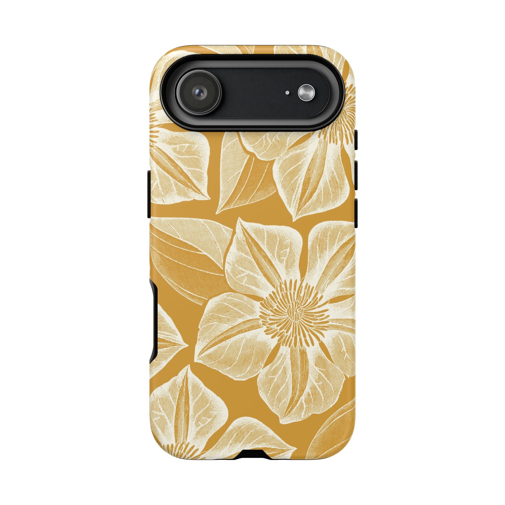 Vintage Bloom Gold iPhone 17 Air case – Matte | gold ground, large-scale cream clematis print, engraved petal detail, dual-layer protection