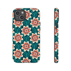 Modern Dahlia Tough iPhone 15 Plus Case – Matte | teal, coral, cream geometric dahlia floral print