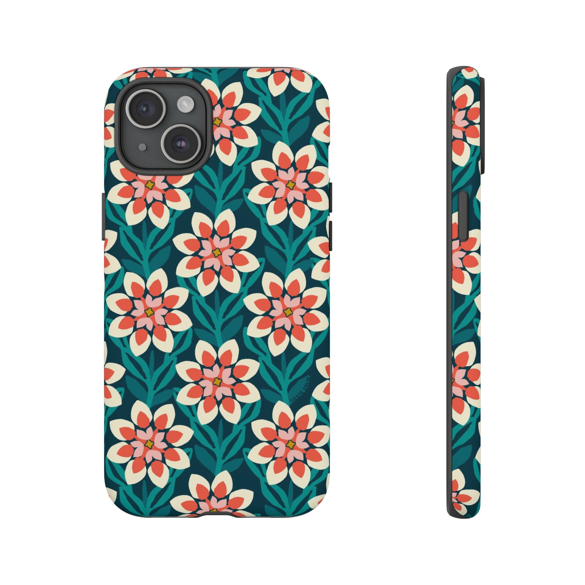 Modern Dahlia Tough iPhone 15 Plus Case – Matte | teal, coral, cream geometric dahlia floral print