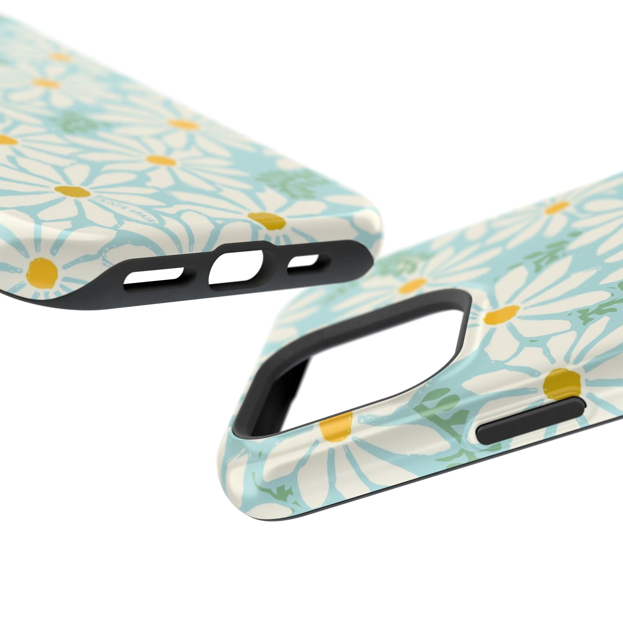 Daisies MagSafe iPhone 16 Pro Max Case – angled lifestyle view of button, ports, and camera cutout