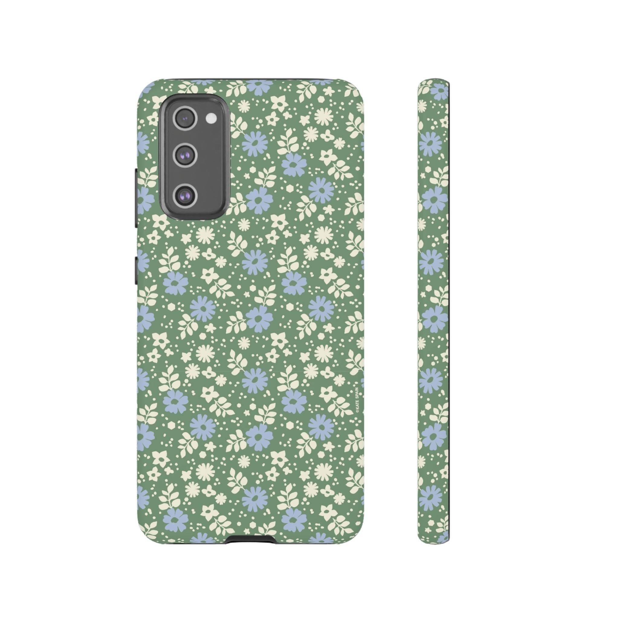 Cottage Core Cute Petaline Samsung Galaxy S20 FE Case – Matte | green background with white and blue ditsy florals