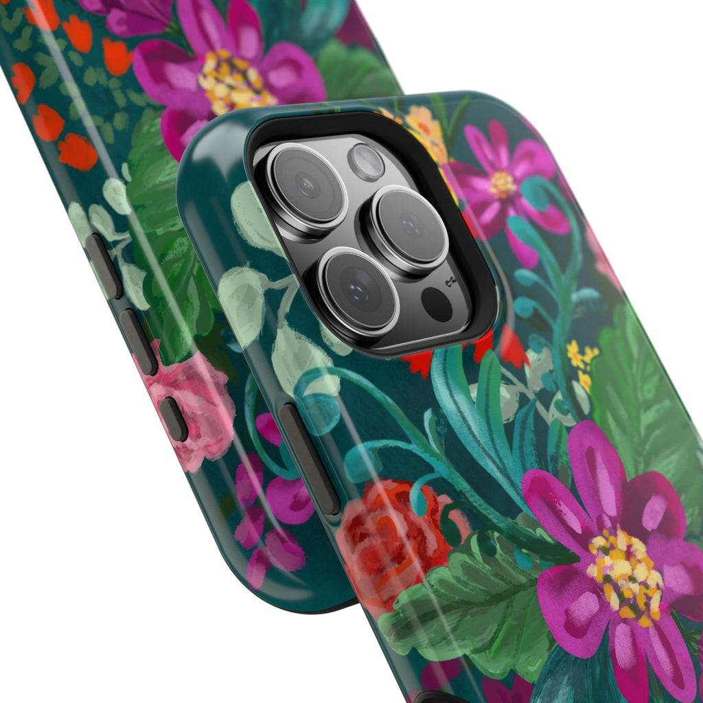 Posy MagSafe iPhone 16 Pro Max Case – Glossy angled view closeup of camera cutout and buttons | teal, magenta, yellow, pink vibrant botanical floral print