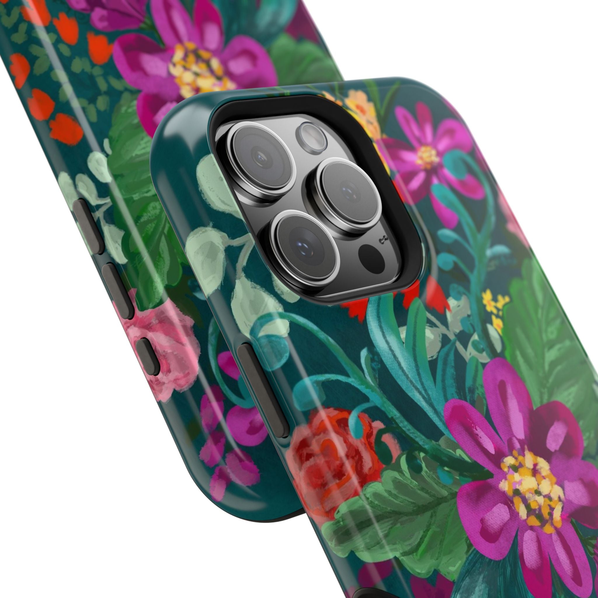 Posy MagSafe iPhone 16 Pro Max Case – Glossy angled view closeup of camera cutout and buttons | teal, magenta, yellow, pink vibrant botanical floral print