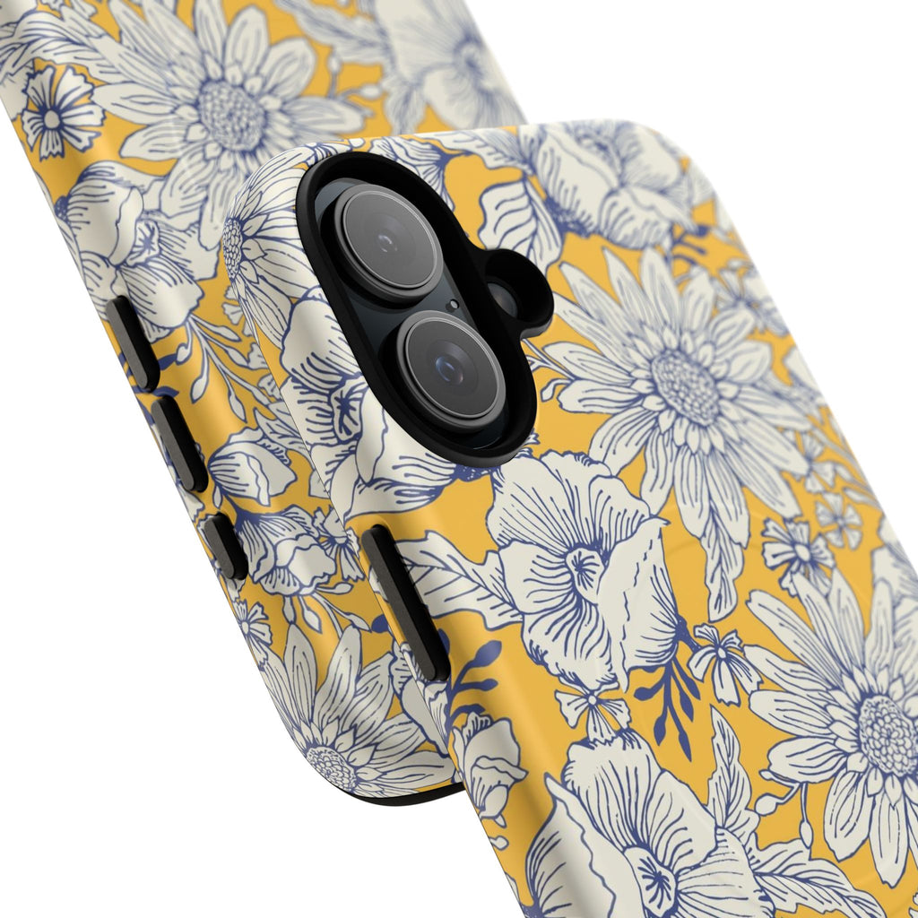 Jardin Yellow MagSafe iPhone 17 Case – Glossy | yellow and cream botanical garden print | angled view closeup of camera cutout and buttons