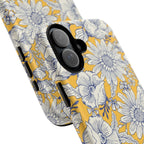 Jardin Yellow MagSafe iPhone 17 Case – Glossy | yellow and cream botanical garden print | angled view closeup of camera cutout and buttons