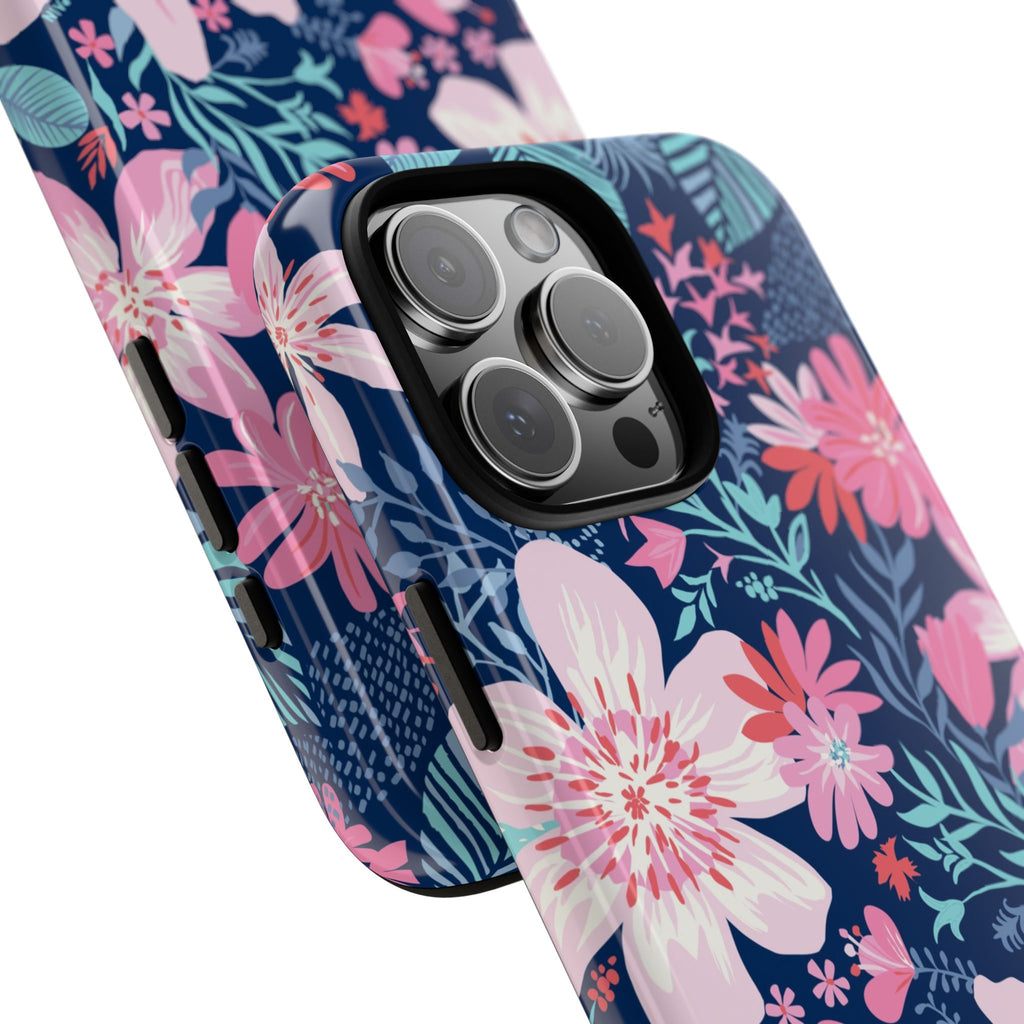 Bonaire Tough iPhone 16 Pro Max Case – Glossy | navy, pink, white tropical floral botanical print