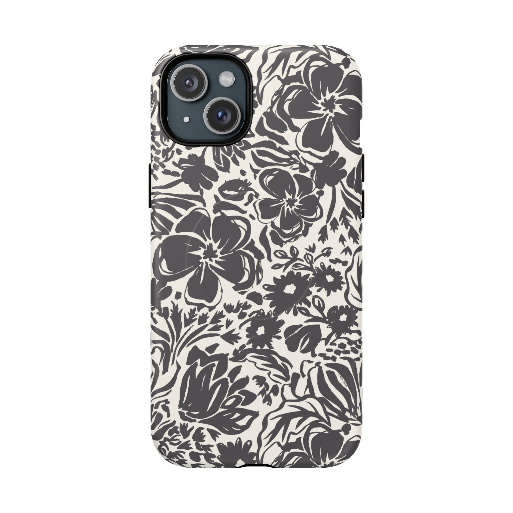 Rhapsody Black MagSafe iPhone 15 Plus Matte case — bold charcoal floral print on cream by Kate Spain