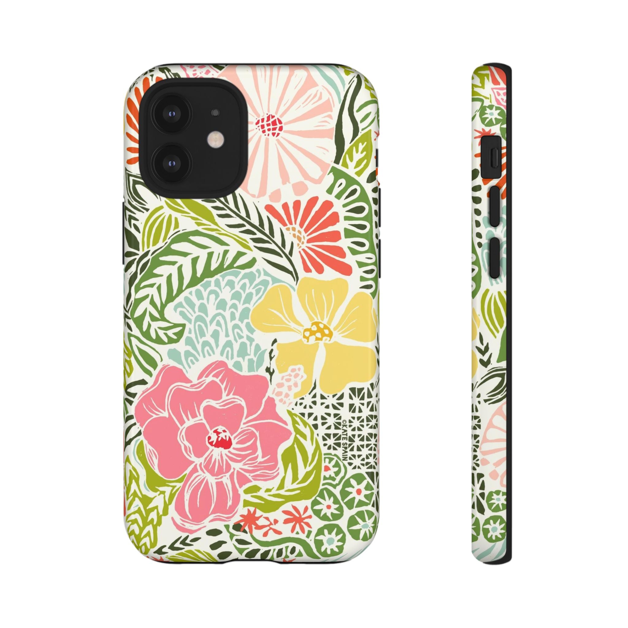 Tropica Tough iPhone 12 Mini Case – Glossy | cream, pink, yellow, blue botanical floral print