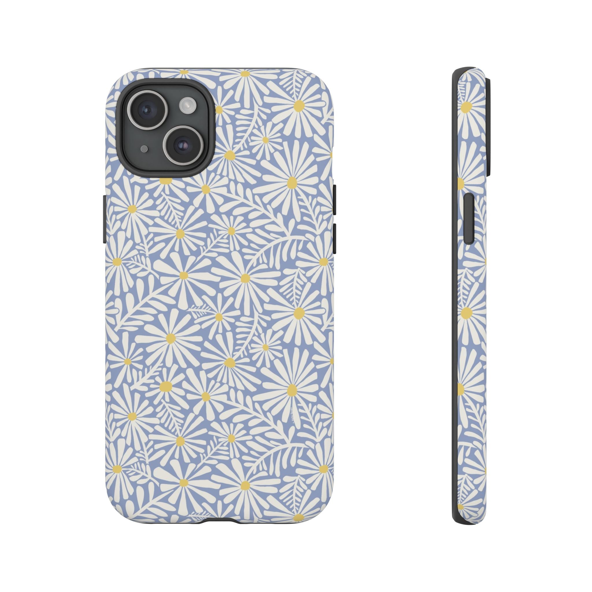 Montauk Daisy Cottage Blue iPhone 15 Plus Case – Matte | periwinkle blue, white graphic daisy and fern print, golden yellow centers | dual-layer protection