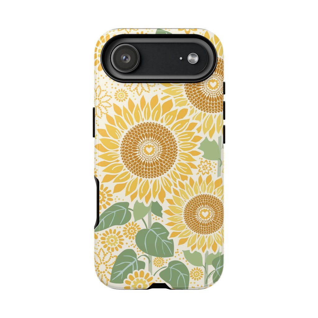 Sunny Sunflower iPhone 17 Air case – Glossy | cream ground, large-scale yellow sunflower print, golden seed detail with heart centers, dual-layer protection
