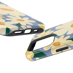 Chamomile MagSafe iPhone 16 Pro Max Case – Glossy angled view closeup of camera cutout and buttons | periwinkle, cream, yellow botanical daisy floral print MagSafe compatible, dual-layer protection
