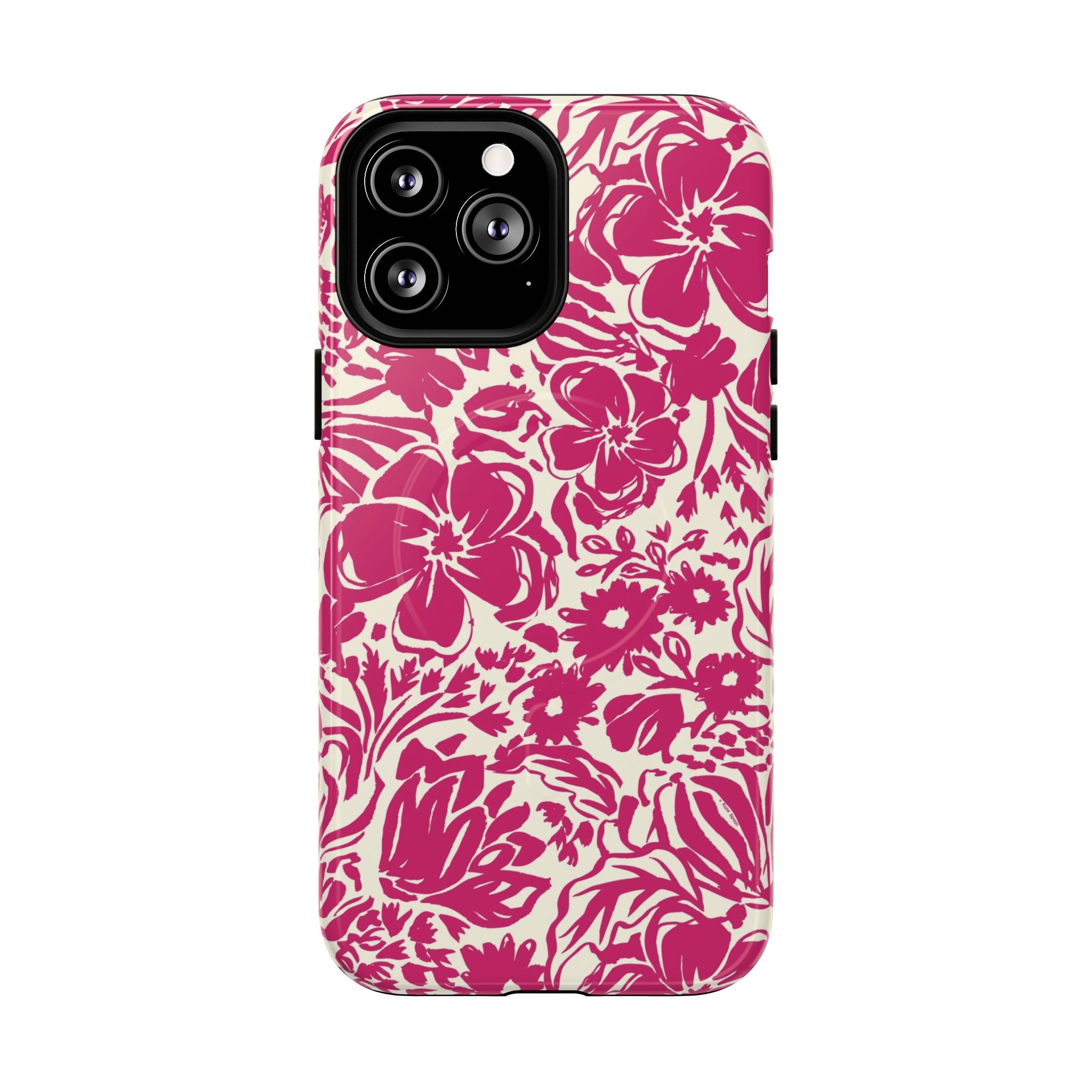 Rhapsody Bright Pink MagSafe iPhone 13 Pro Max Glossy case — bold magenta floral print on cream by Kate Spain