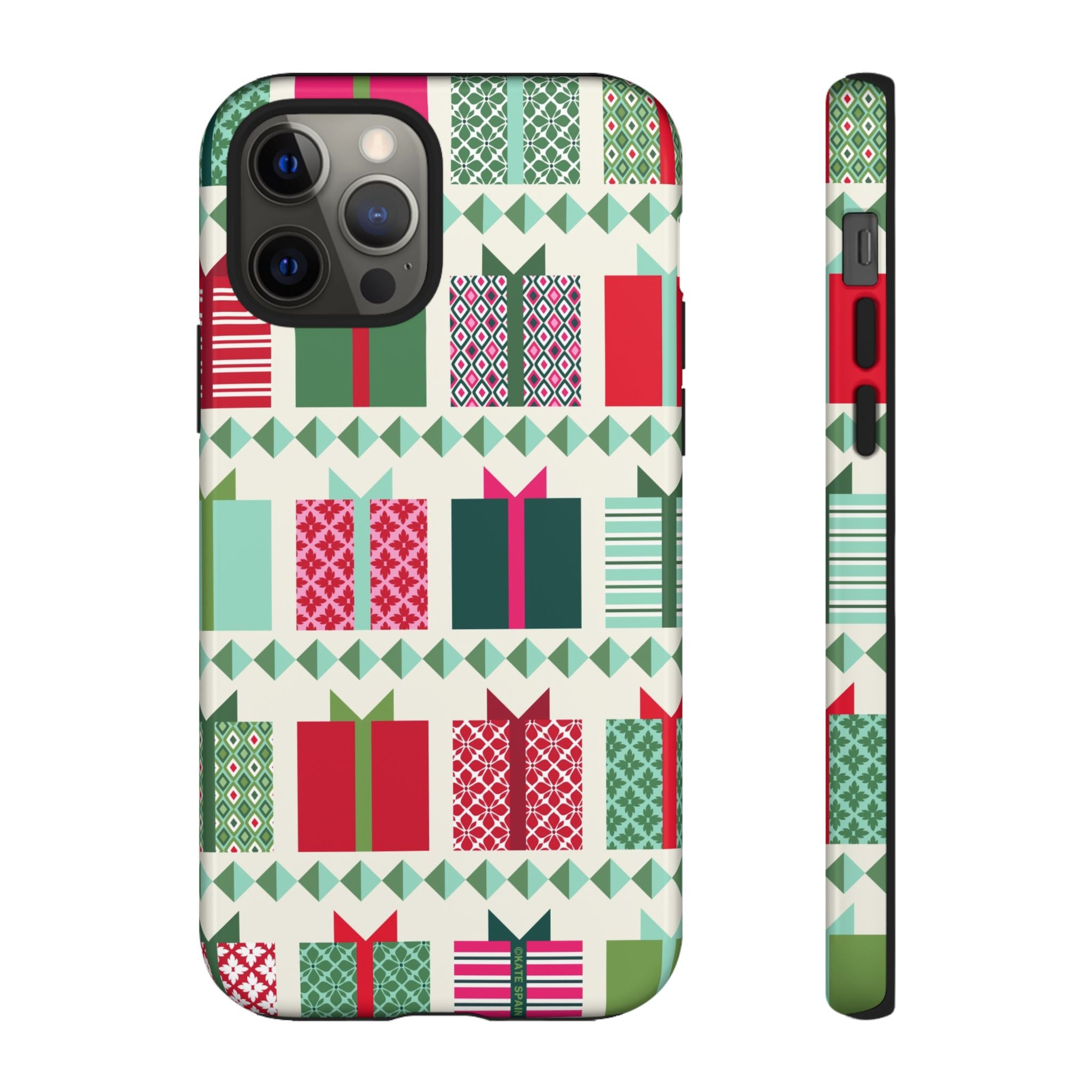 All Wrapped Up Tough iPhone 12 Pro Case – Glossy | cream, red, pink, green, mint geometric gift wrap holiday print