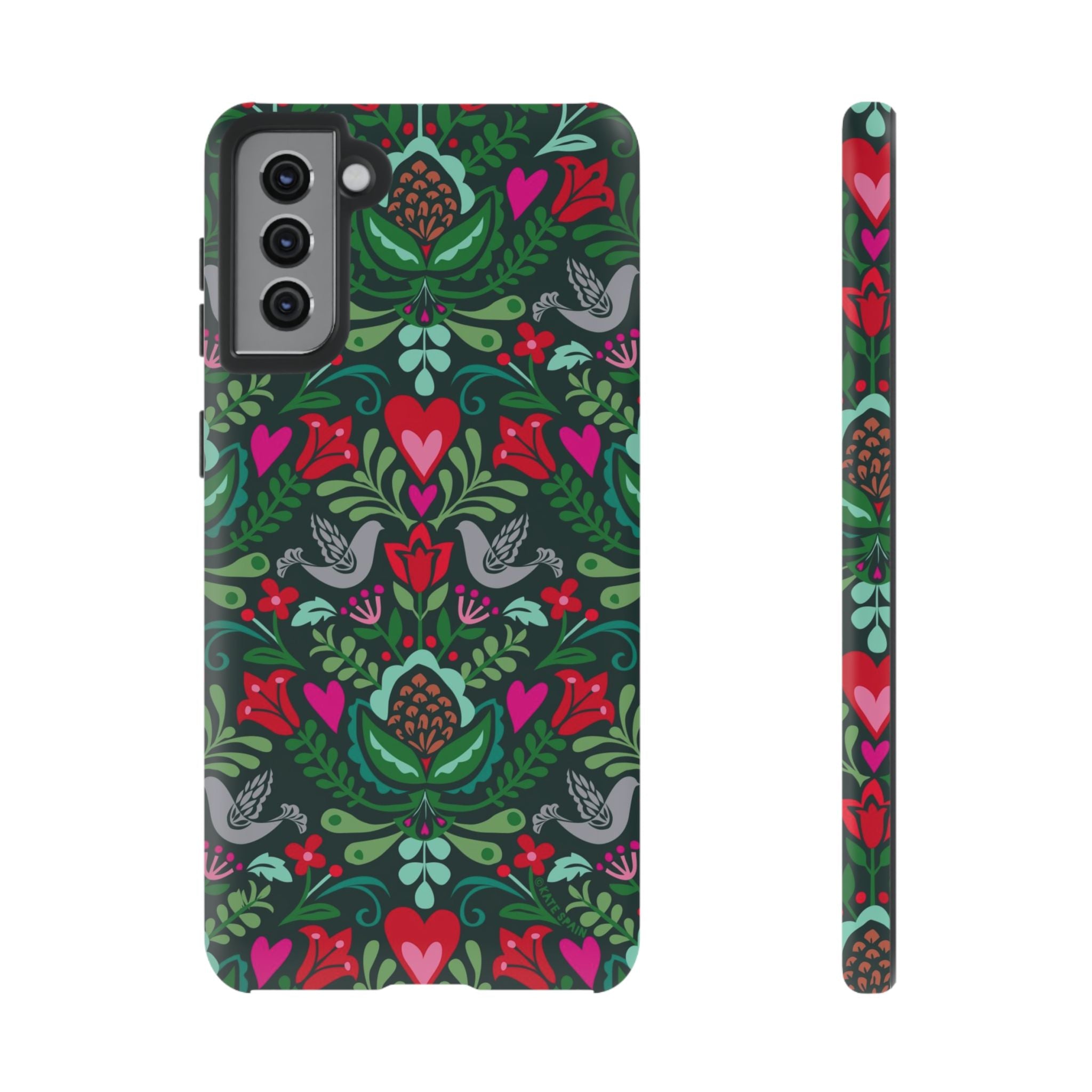 Rosemaling Samsung Galaxy S21 Plus Case – Matte | forest green, red, pink rosemaling floral print