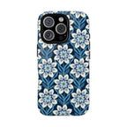 Luxury Modern Dahlia MagSafe iPhone 16 Pro Case – Glossy | navy, slate blue, white geometric dahlia tile floral print