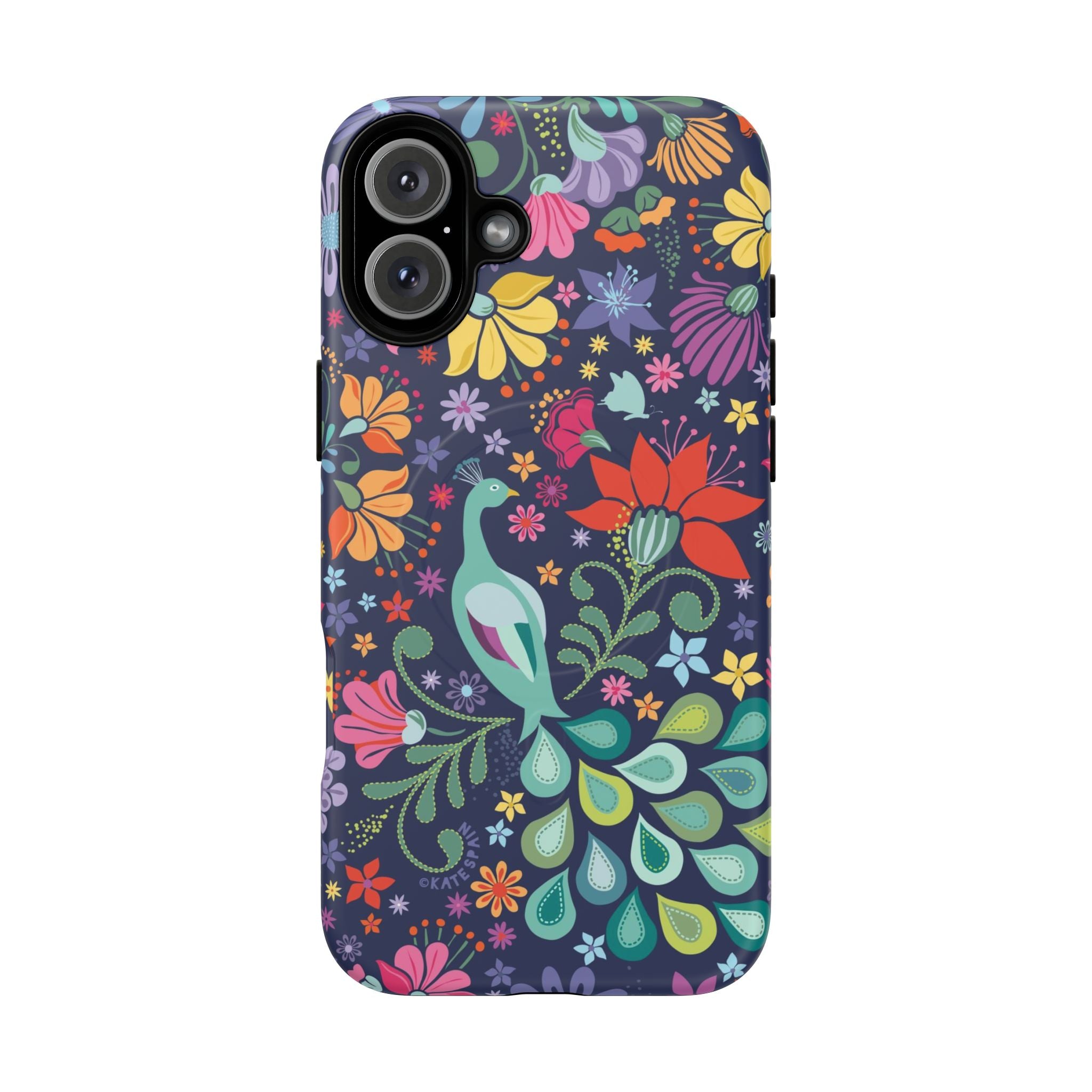 Peacock Sanctuary MagSafe iPhone 16 Plus Case – Matte | navy, teal, coral multicolor vibrant peacock feather botanical print