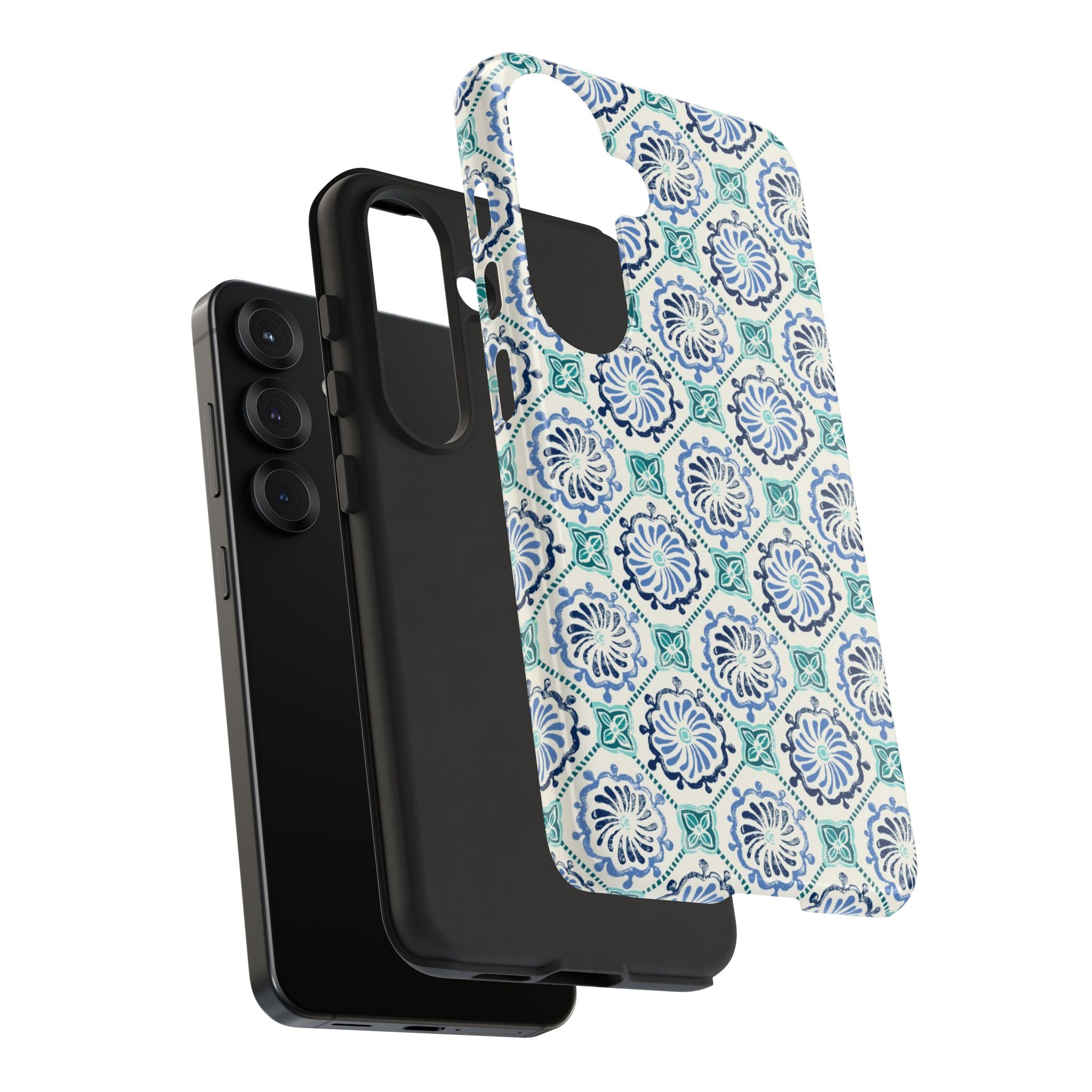 Horizon Blue Tile Samsung Galaxy S26 Ultra Case – Glossy side angled view of camera cutout and buttons | blue, turquoise, cream white dual-layer protection