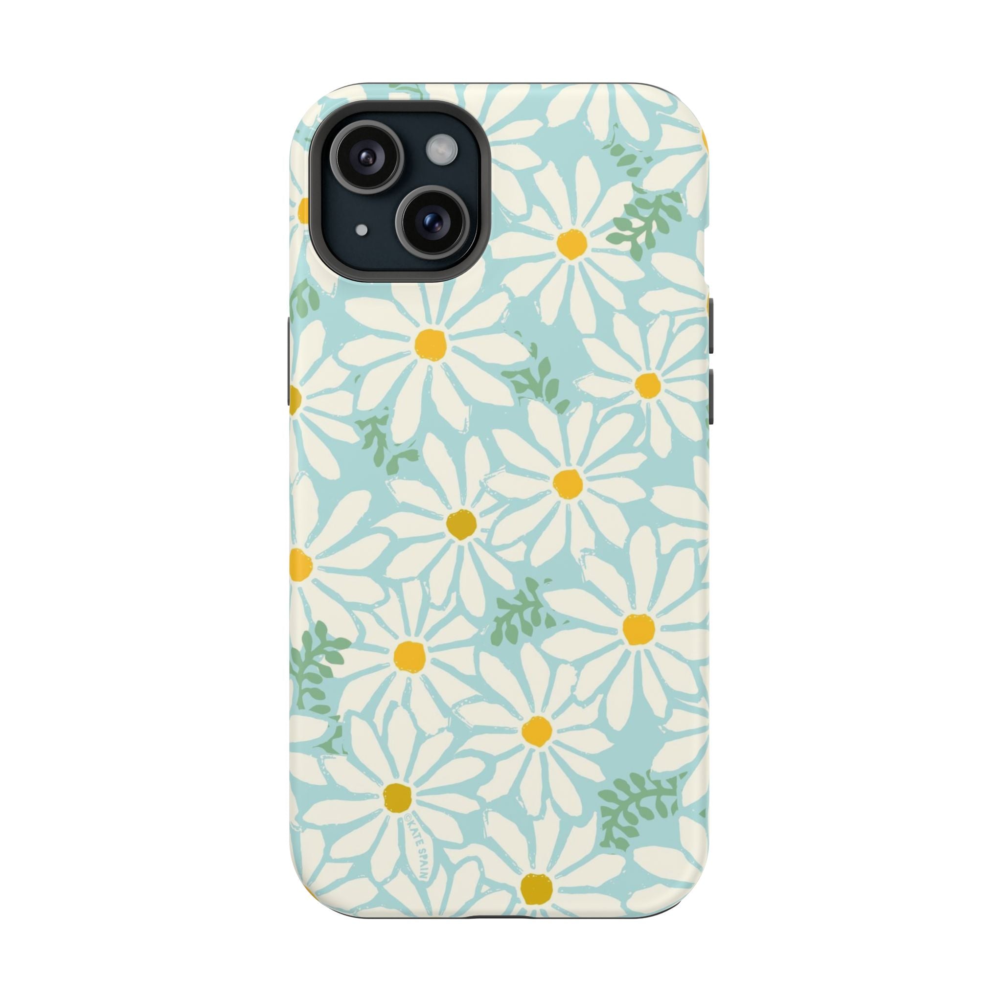 Daisies MagSafe iPhone 15 Plus Case – Matte | white, yellow, aqua watercolor daisy print