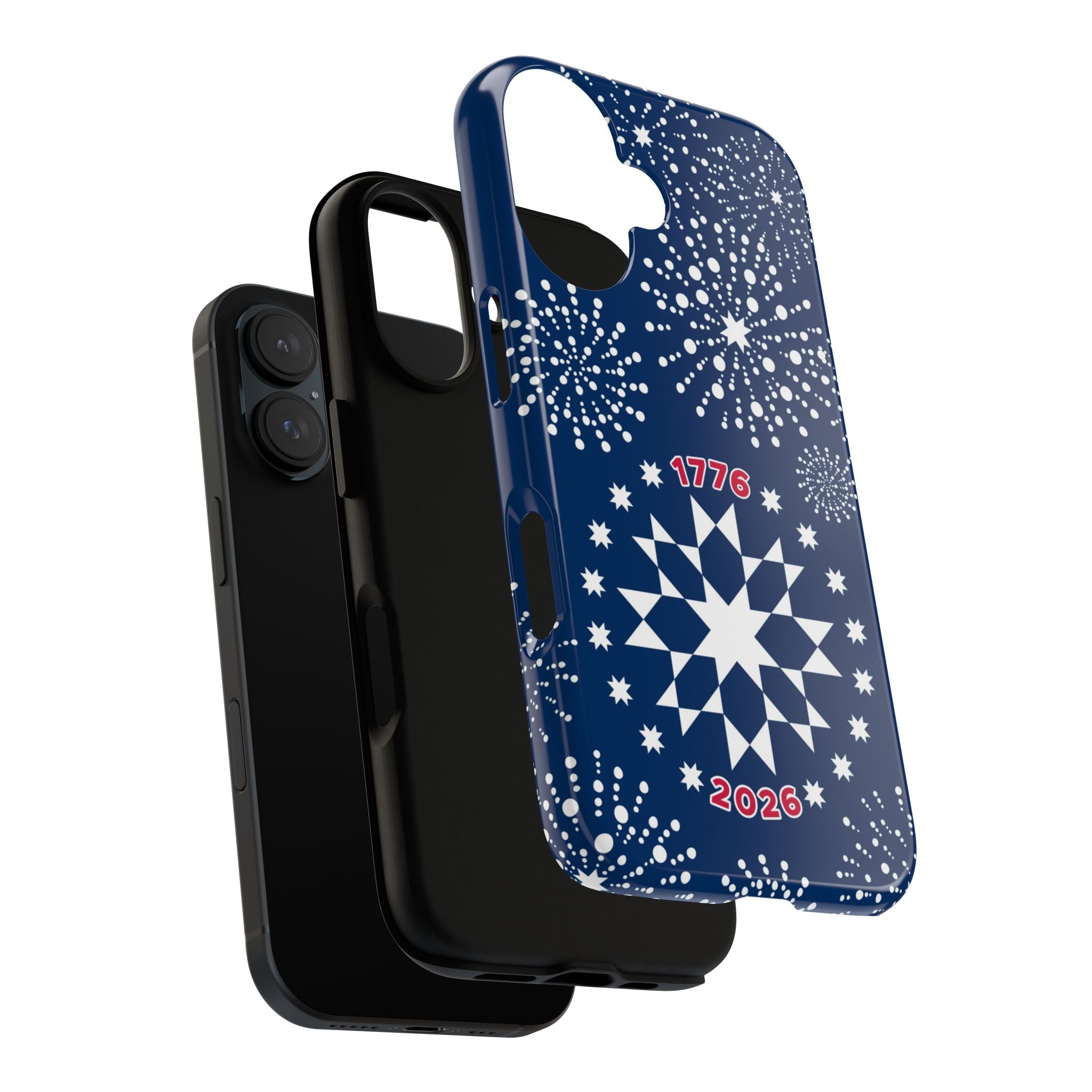 250th Fireworks Tough iPhone 16 Case – blowout shot of dual-layered construction with detail view of camera cutout, button holes, port holes, and slim profile