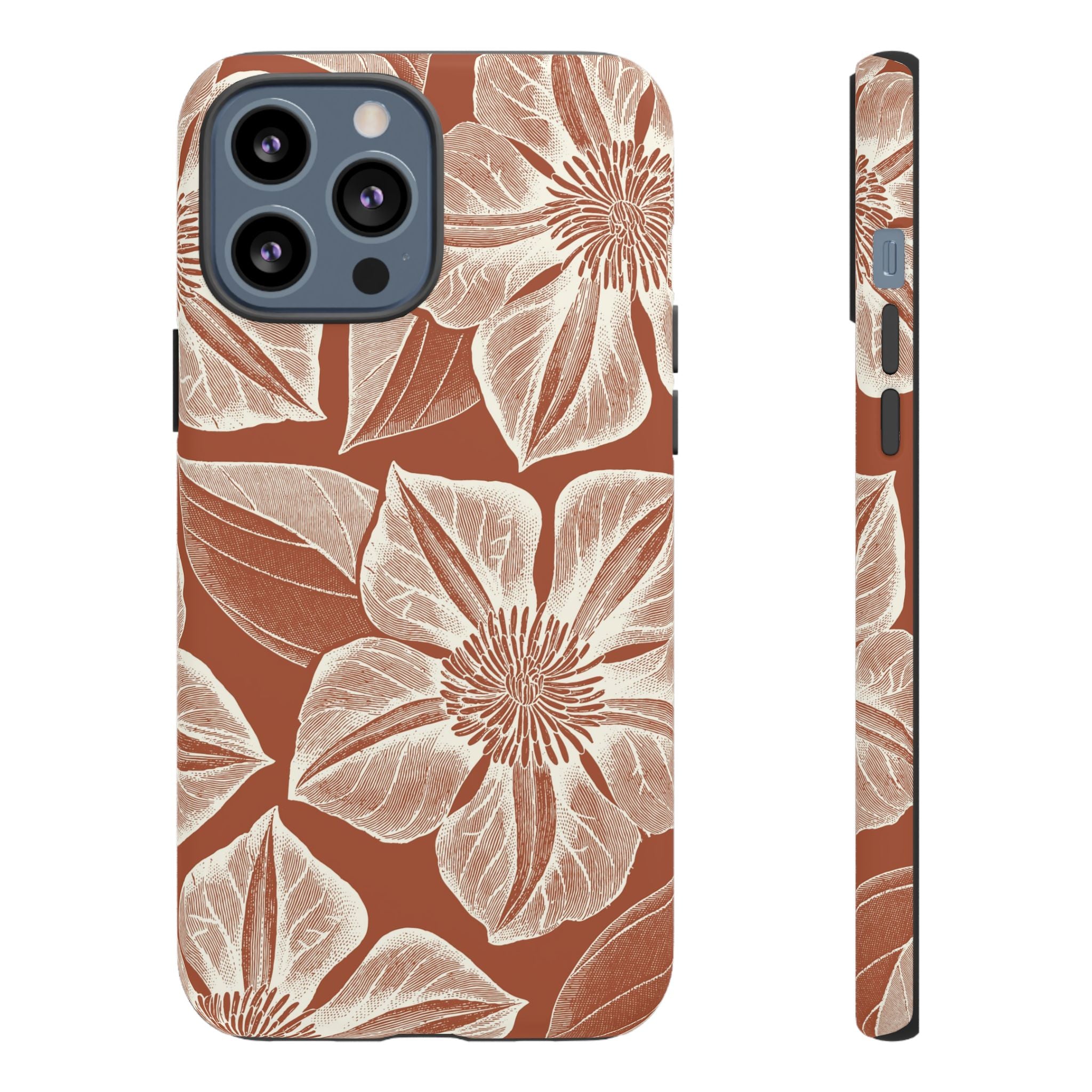 Vintage Bloom Sienna iPhone 13 Pro Max case – Matte | sienna ground, large-scale cream clematis print, engraved petal detail, dual-layer protection