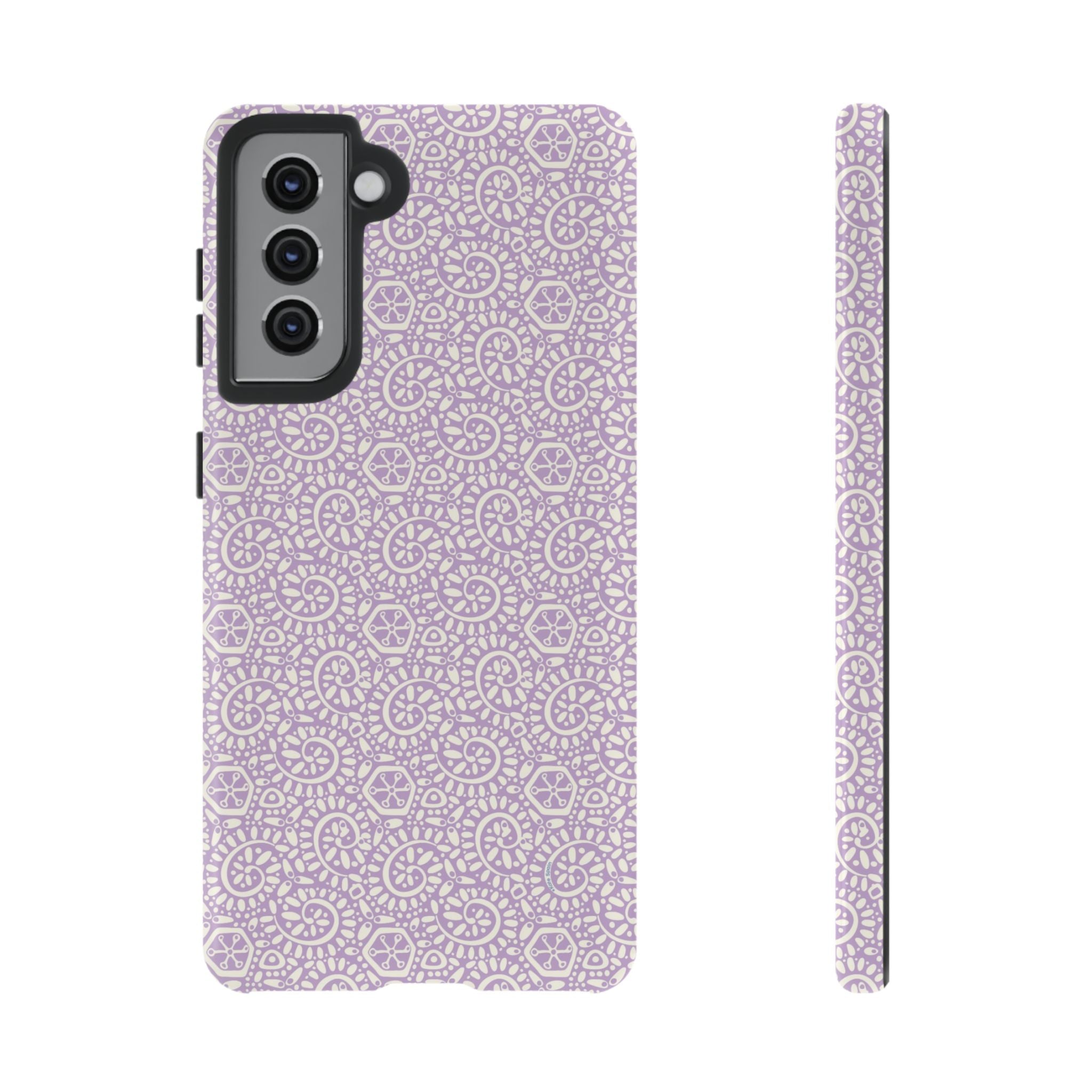 Canto Swirls Lavender Samsung Galaxy S21 Glossy Case — lavender hard case covered in an intricate folk-art medallion pattern of radiating circular motifs, dot clusters, and geometric centers