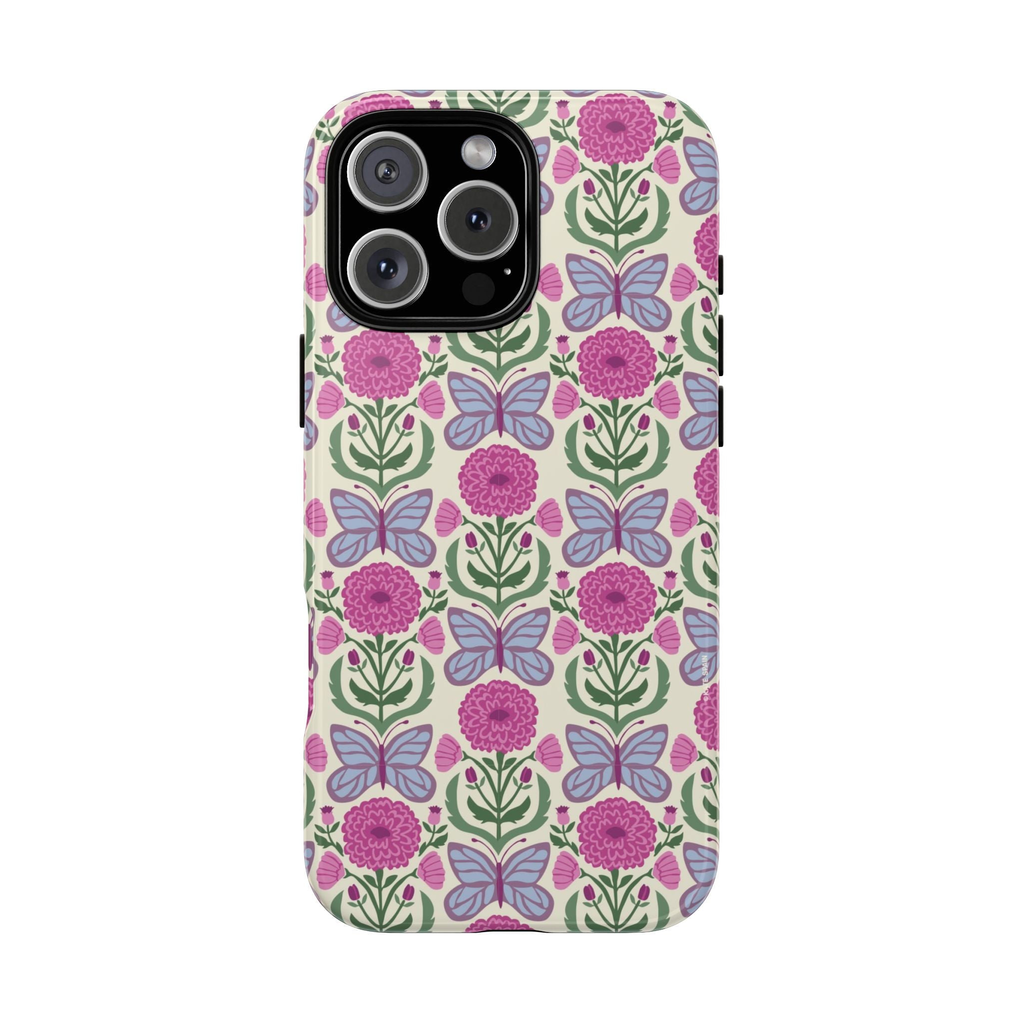 Butterfly Tough iPhone 16 Pro Case – Matte | cream, magenta, periwinkle butterfly floral print