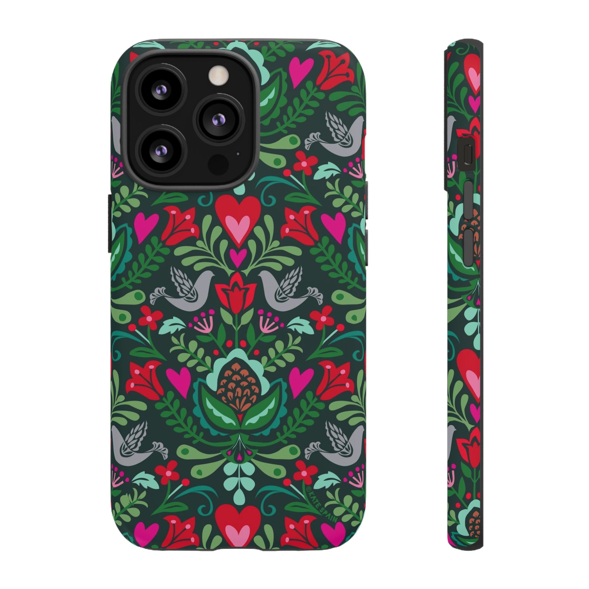 Rosemaling Tough iPhone 13 Pro Case – Matte | dark green, red, pink, gray folk art floral bird print