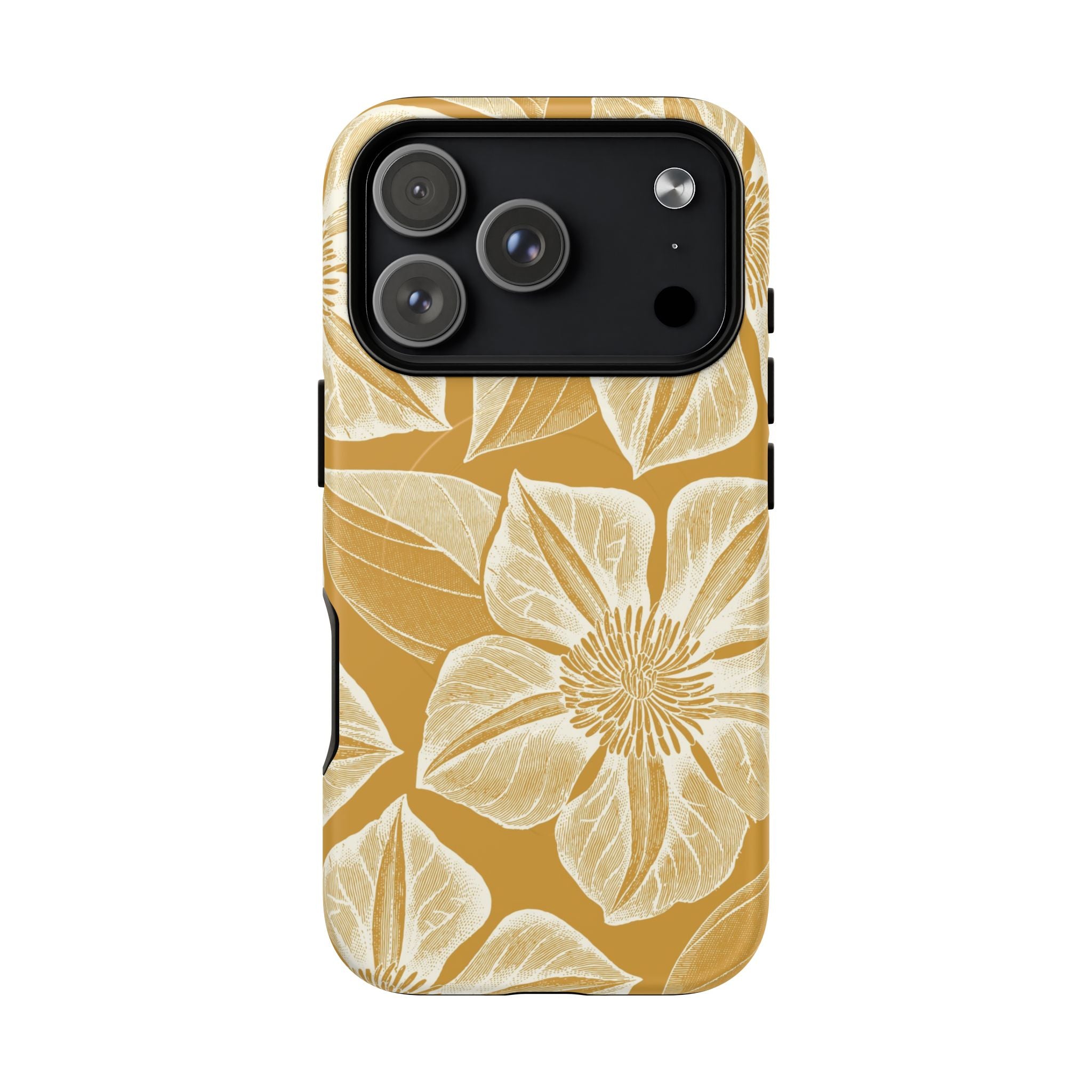 Vintage Bloom Gold MagSafe iPhone 17 Pro Case – Matte | warm gold ground, large-scale cream clematis print, engraved petal detail, dual-layer protection