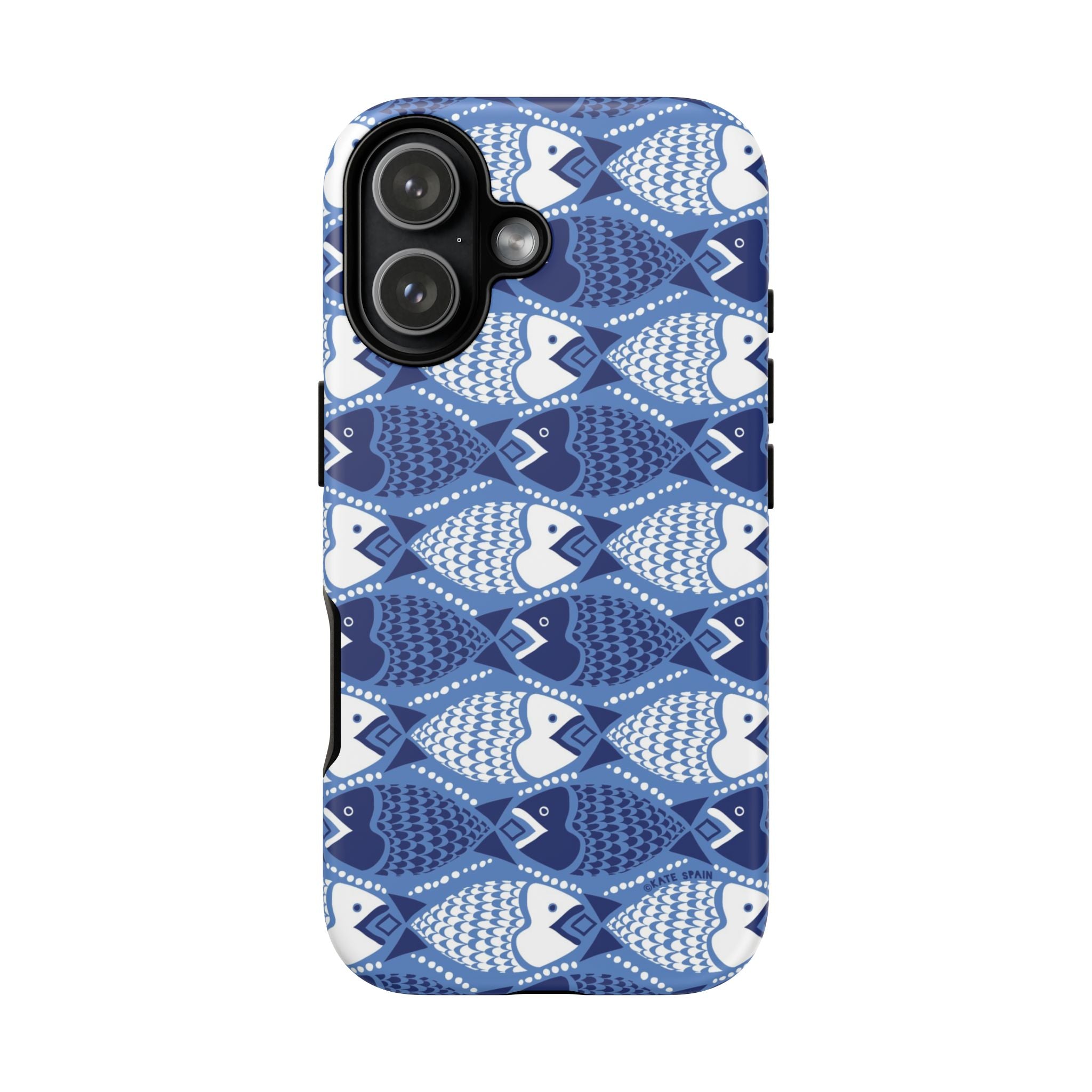 Catch of the Day Tough iPhone 17 Case – Matte | navy, blue, white geometric fish print