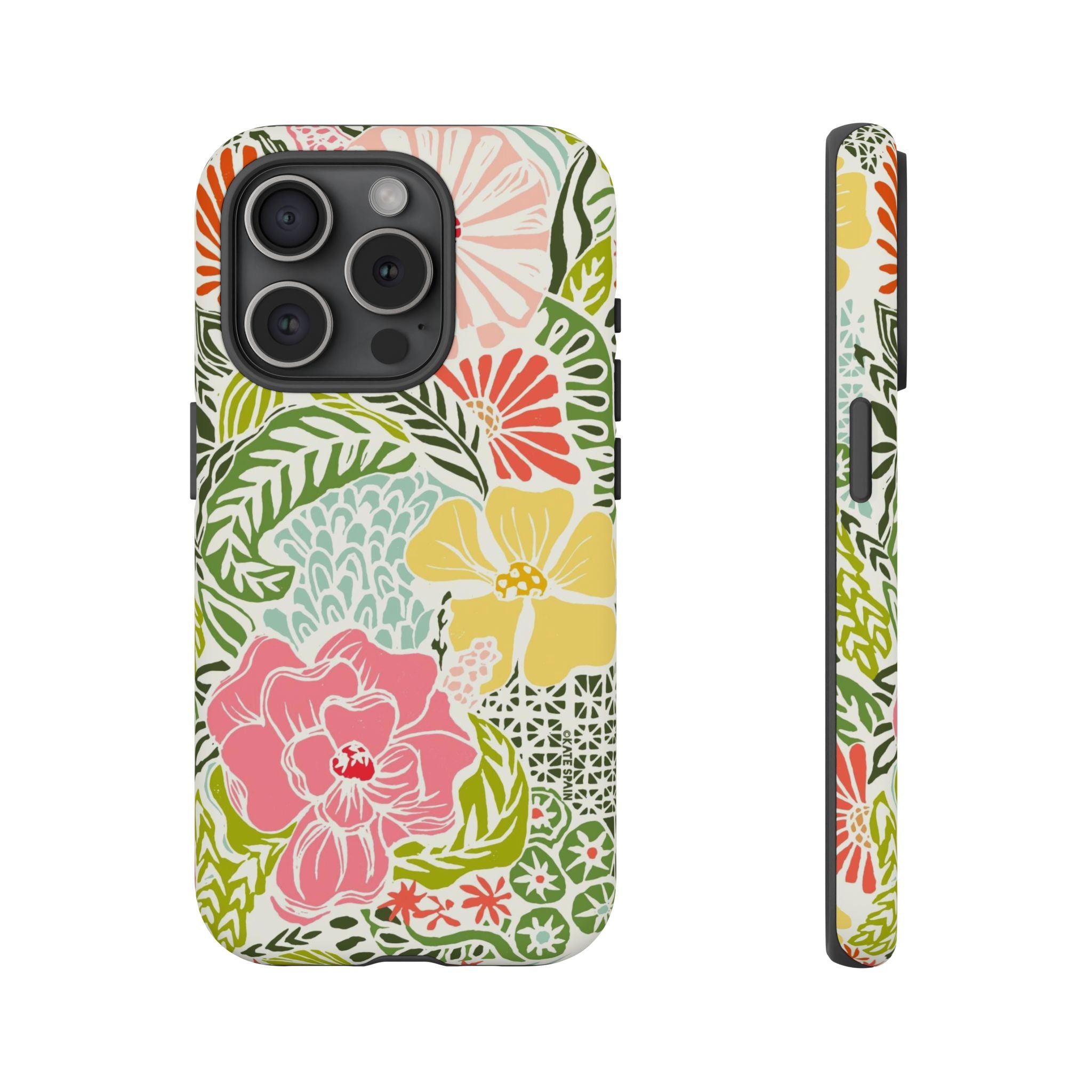 Tropica Tough iPhone 15 Pro Case – Matte | cream, pink, yellow, blue botanical floral print
