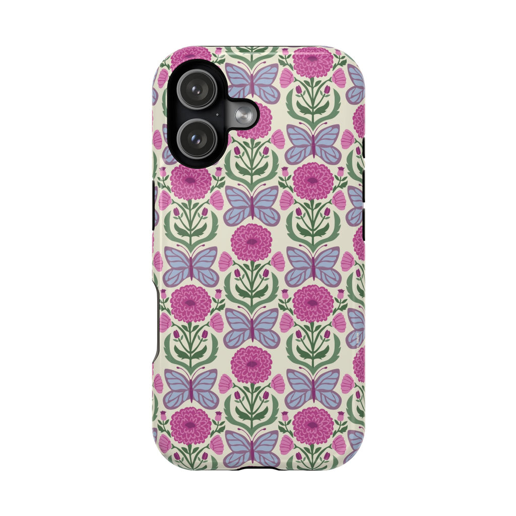 Butterfly MagSafe iPhone 17 Case – Glossy | cream, magenta, periwinkle butterfly floral print