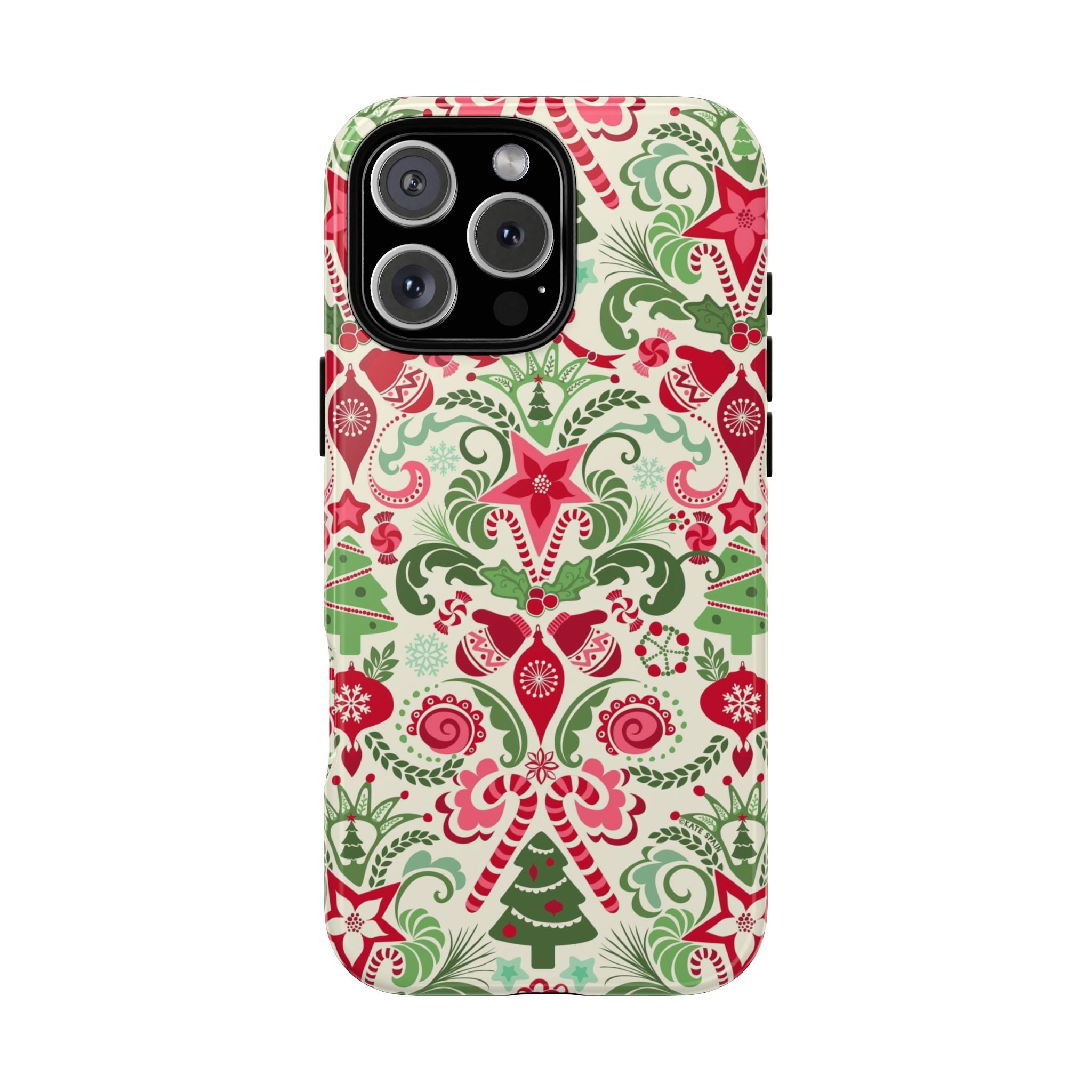 Wonderland Tough iPhone 16 Pro Case – Matte | cream, red, green Christmas ornament damask print
