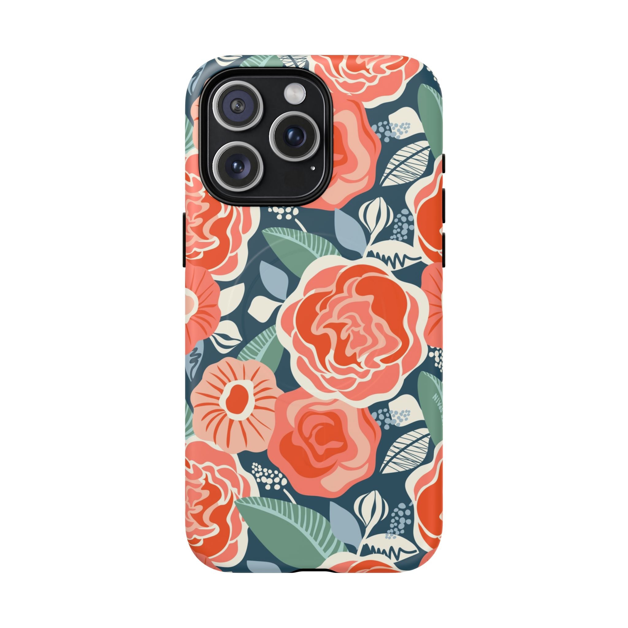 Luxury Tea Rose Navy MagSafe iPhone 15 Pro Max Case – Matte | navy, coral, peach botanical rose floral print