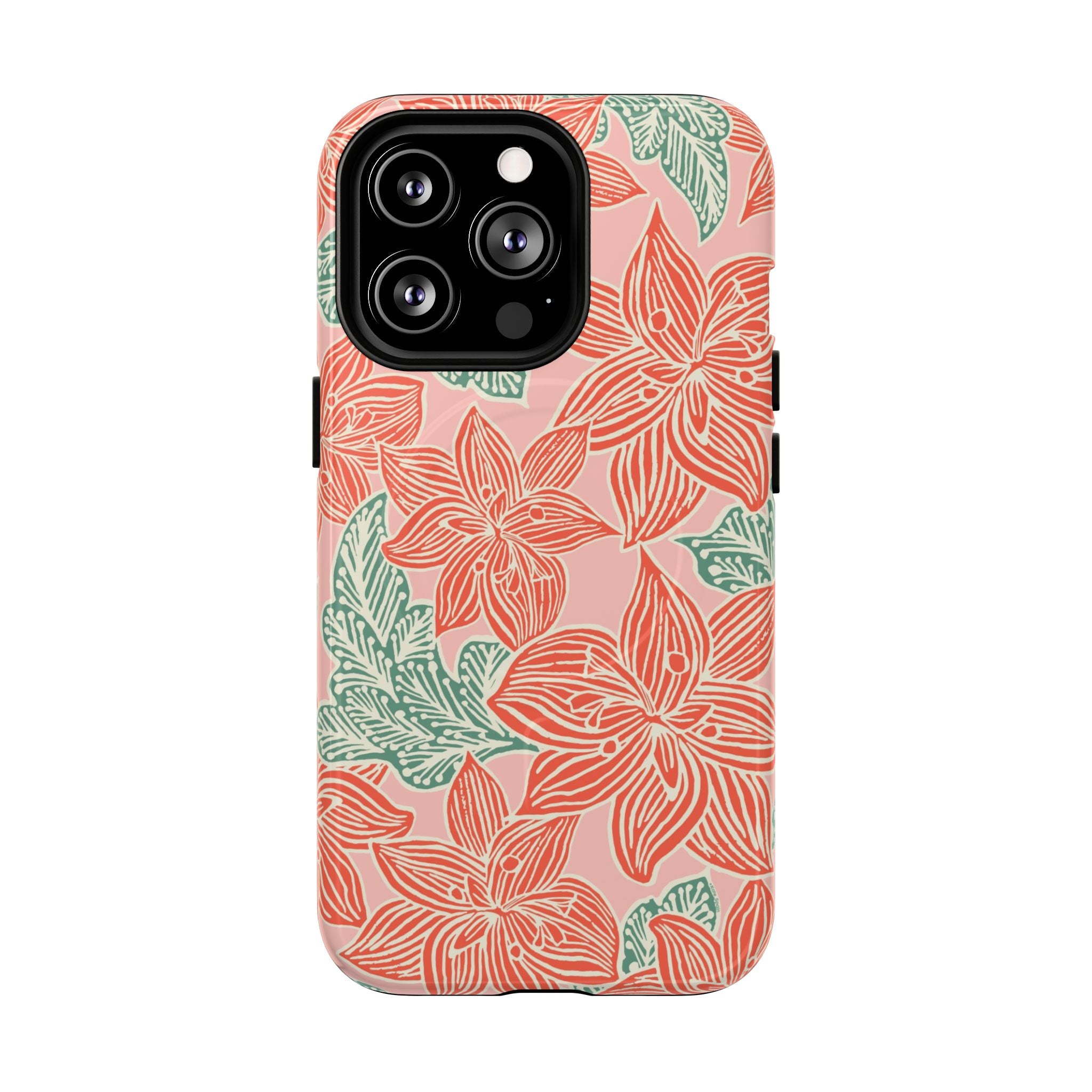 Hibiscus Coral MagSafe iPhone 13 Pro Glossy Case — blush pink hard case with large-scale coral red hibiscus flowers and teal-green leaves in a bold botanical linework print, densely layered across the surface