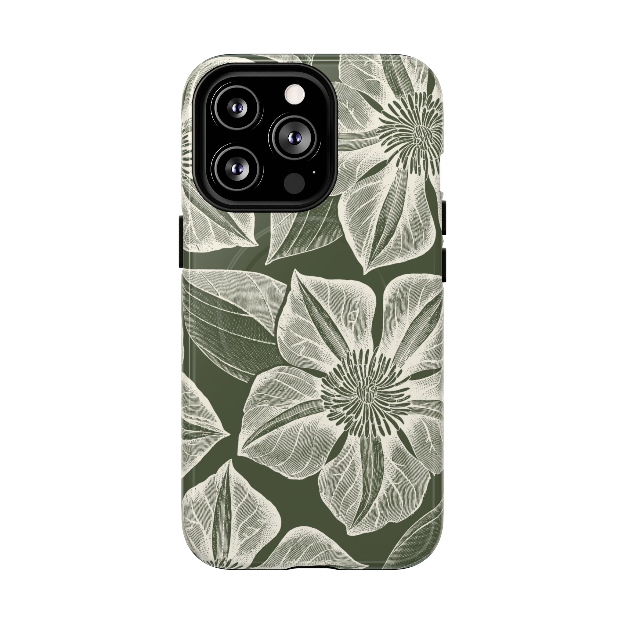 Vintage Bloom Cypress MagSafe iPhone 13 Pro – Glossy | cypress green ground, large-scale white clematis print, engraved petal detail, dual-layer protection