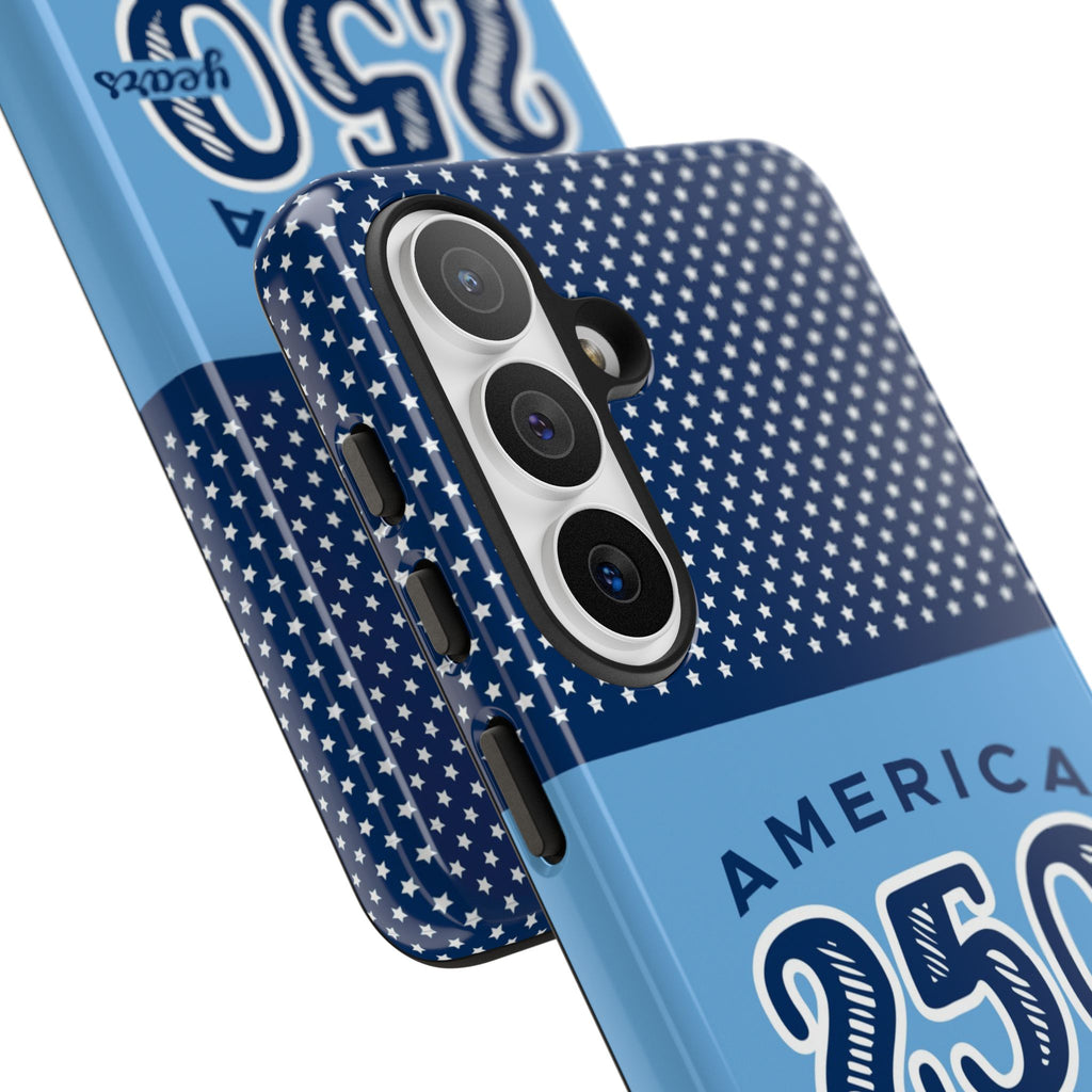 Sea to Shining Sea Samsung Galaxy S26 Plus Case – angled view close-up of buttons and camera cutout in case in navy, sky blue, red patriotic America 250 commemorative print