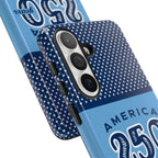 Sea to Shining Sea Samsung Galaxy S26 Plus Case – angled view close-up of buttons and camera cutout in case in navy, sky blue, red patriotic America 250 commemorative print