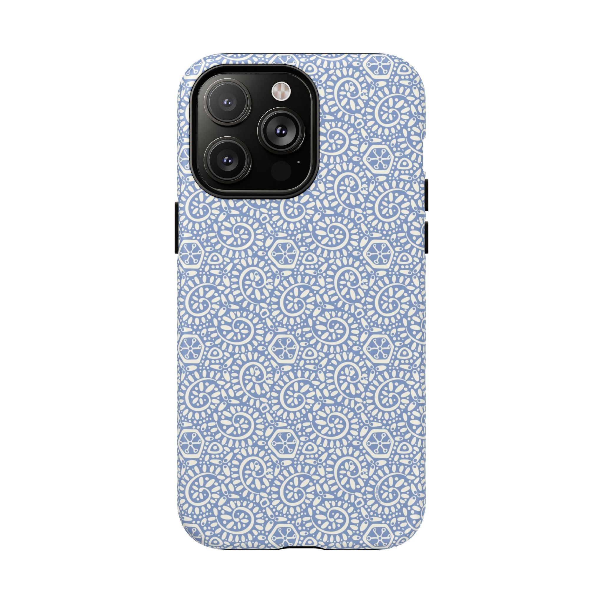 Canto Swirls Mist MagSafe iPhone 14 Pro Max Matte Case — periwinkle blue hard case covered in an intricate folk-art medallion pattern of radiating white circular motifs, dot clusters, and geometric centers