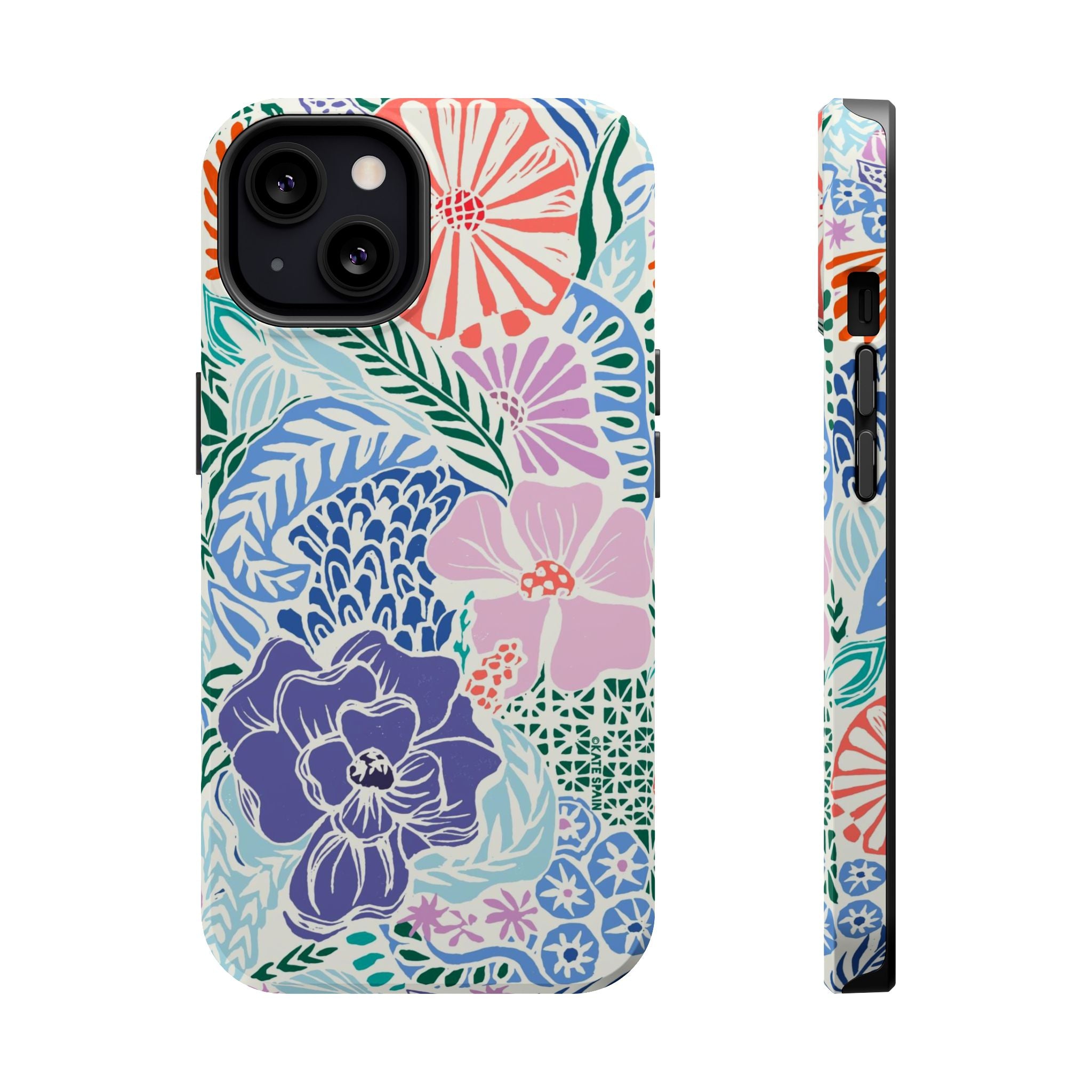 Tropica MagSafe iPhone 13 Case – Glossy | purple, coral, pink, blue botanical tropical floral print MagSafe compatible, dual-layer protection