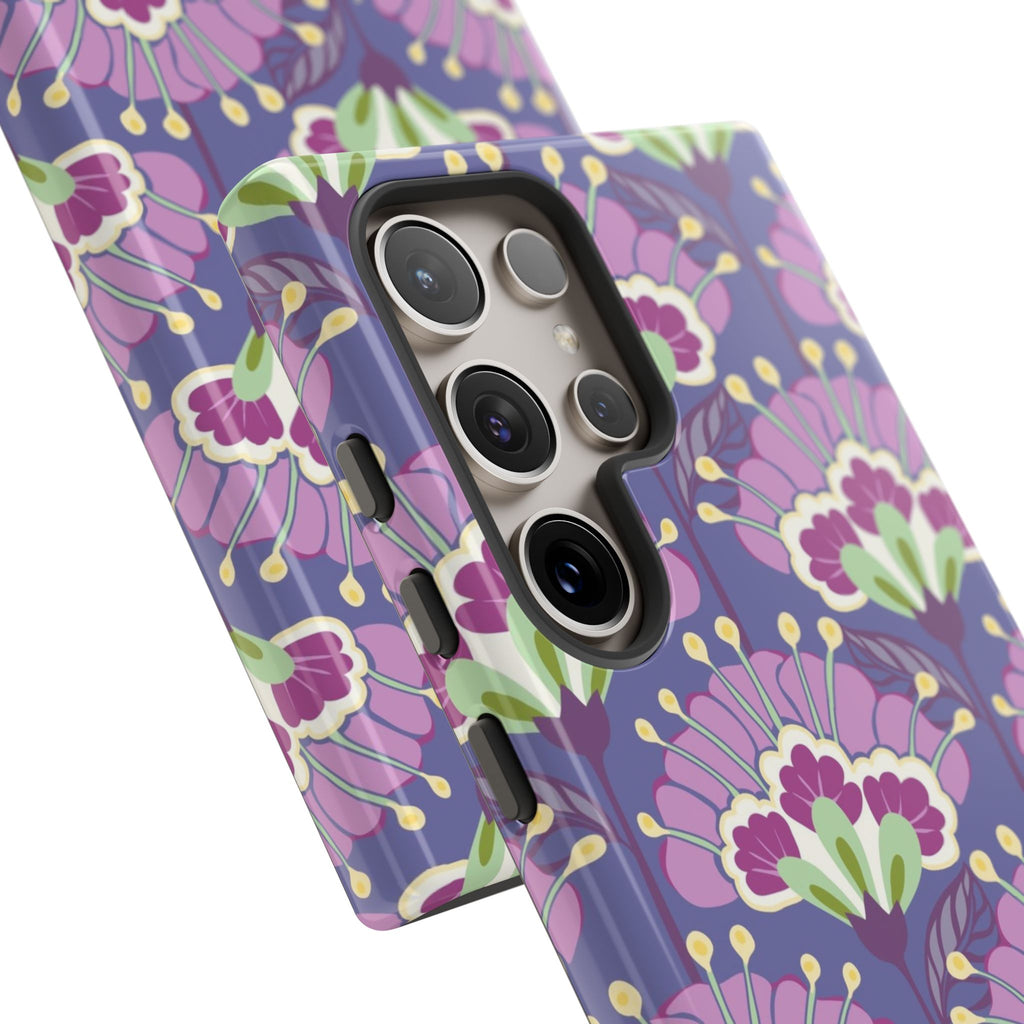 Luxury Lantern Flower Samsung Galaxy S24 Ultra Case – Glossy | close-up of 5 camera lenses in case in mauve, purple, lime green floral print