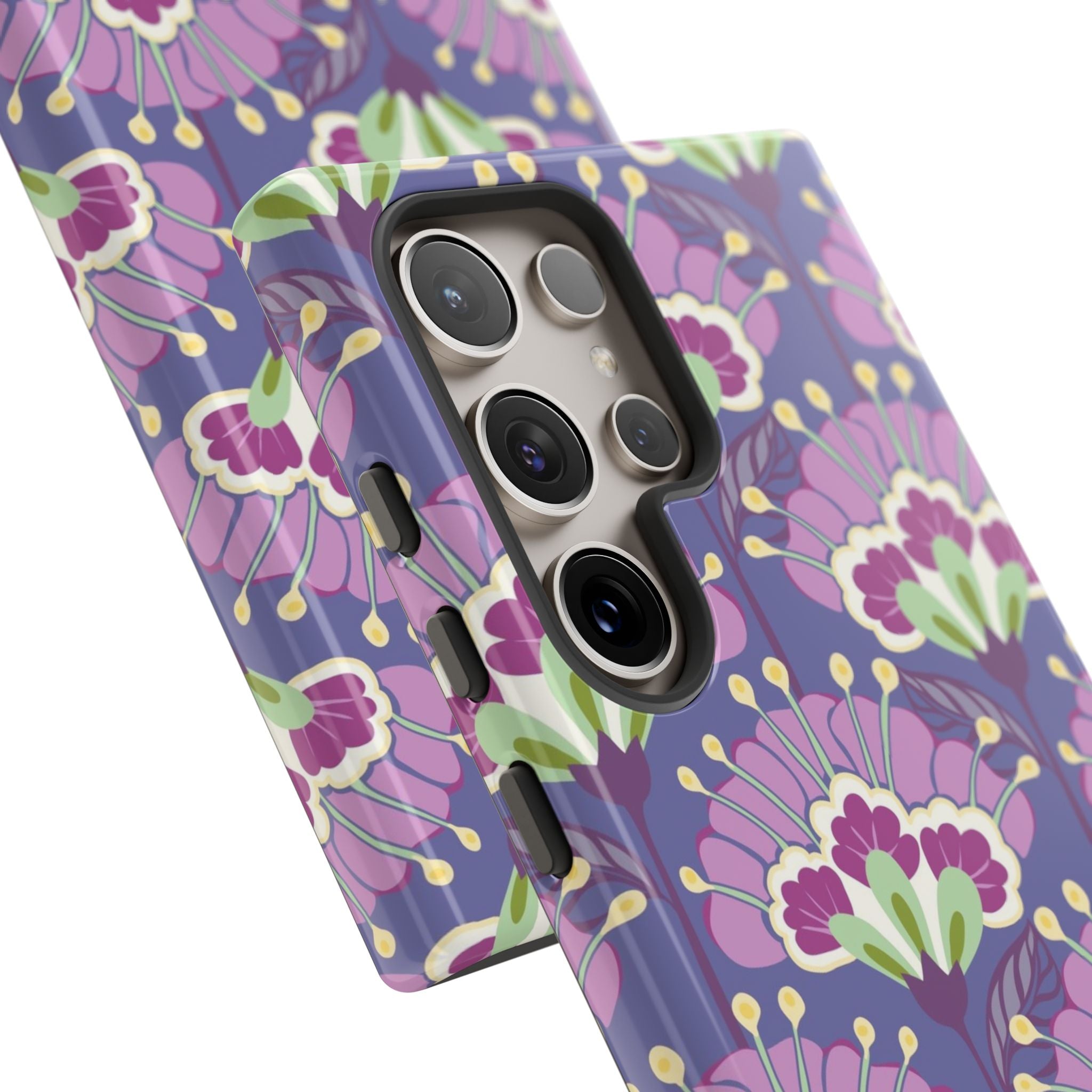 Luxury Lantern Flower Samsung Galaxy S24 Ultra Case – Glossy | close-up of 5 camera lenses in case in mauve, purple, lime green floral print