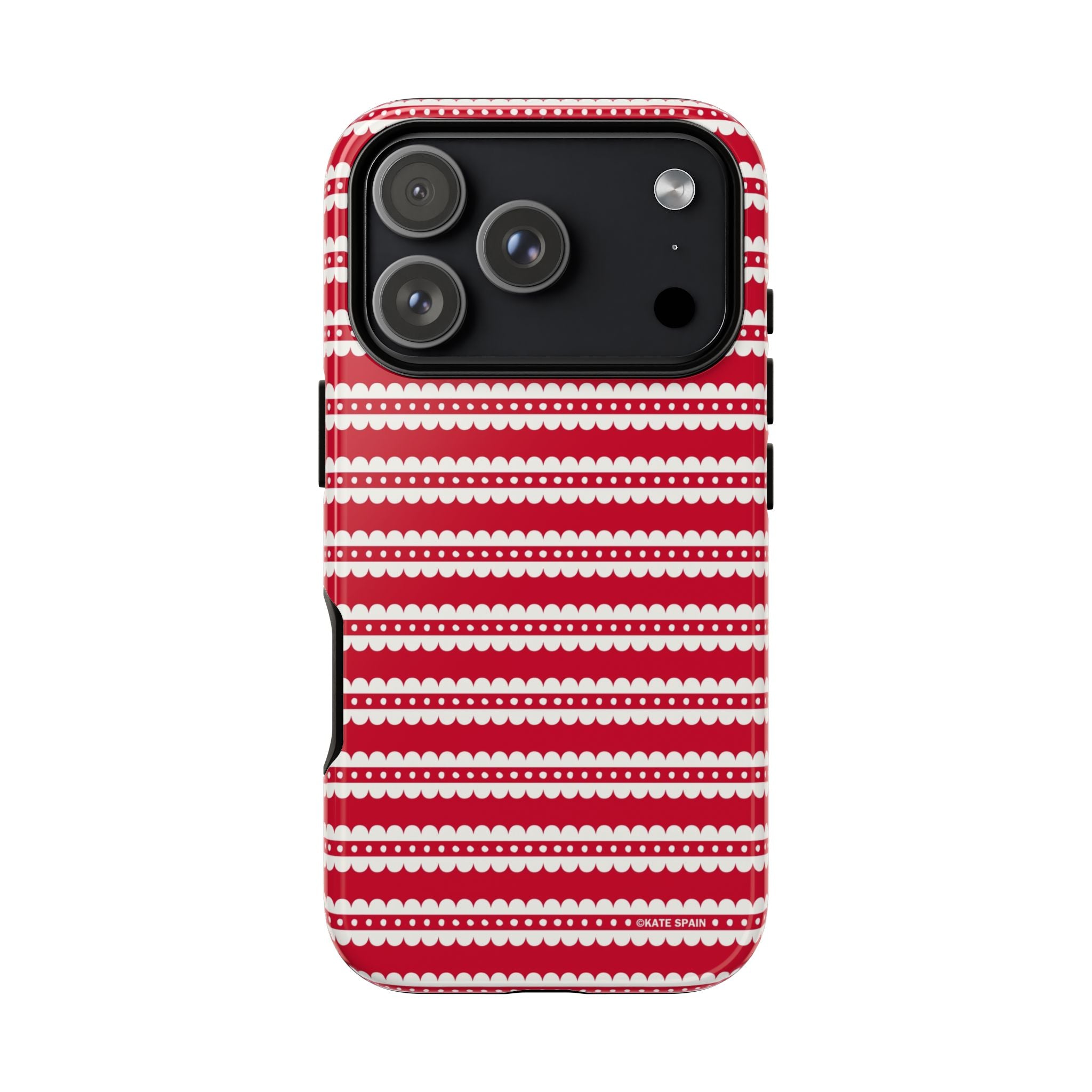 Candy Cane Stripe Tough iPhone 17 Pro Case – Glossy | red, cream scalloped candy cane stripe print