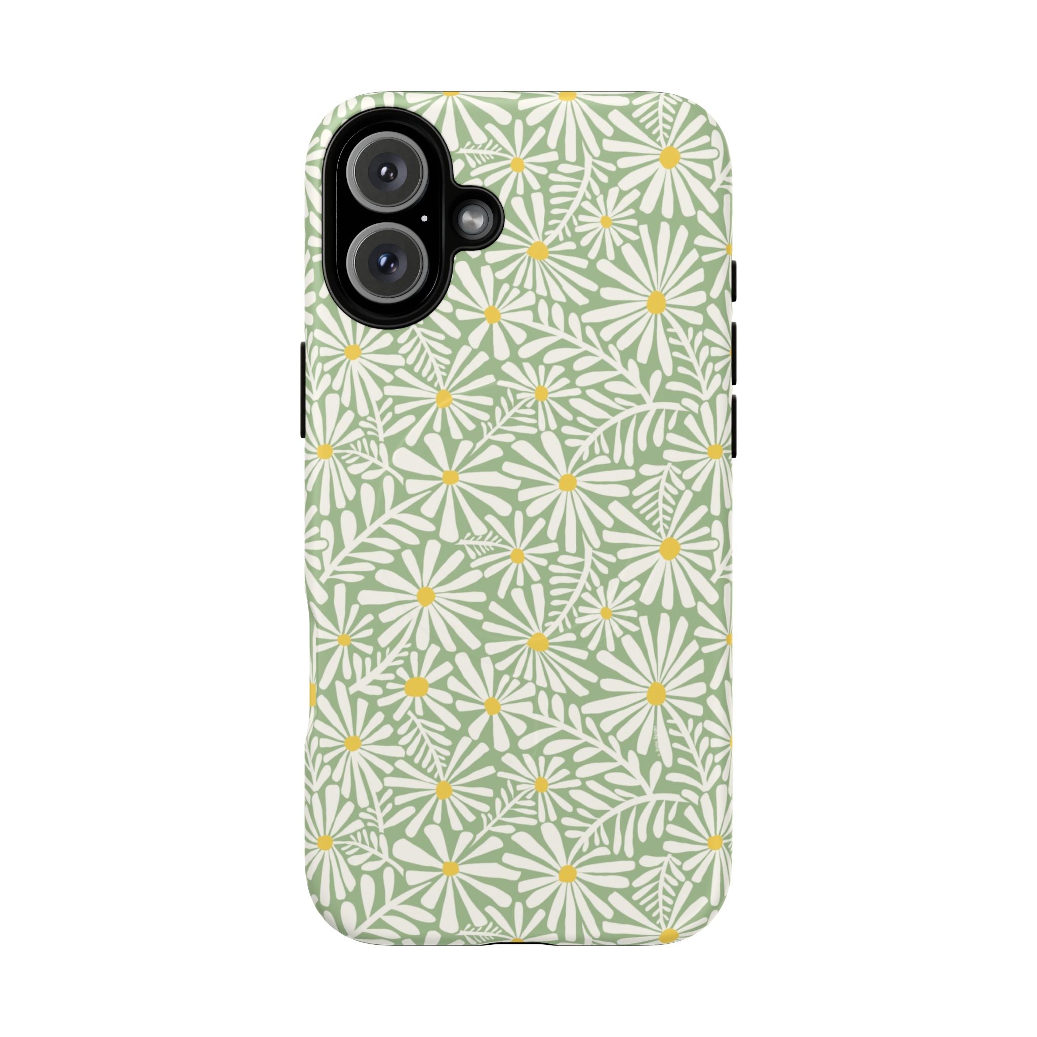 Montauk Daisy Meadow Green MagSafe iPhone 16 Plus Case – Matte | sage green, white graphic daisy and fern print, golden yellow centers MagSafe compatible, dual-layer protection