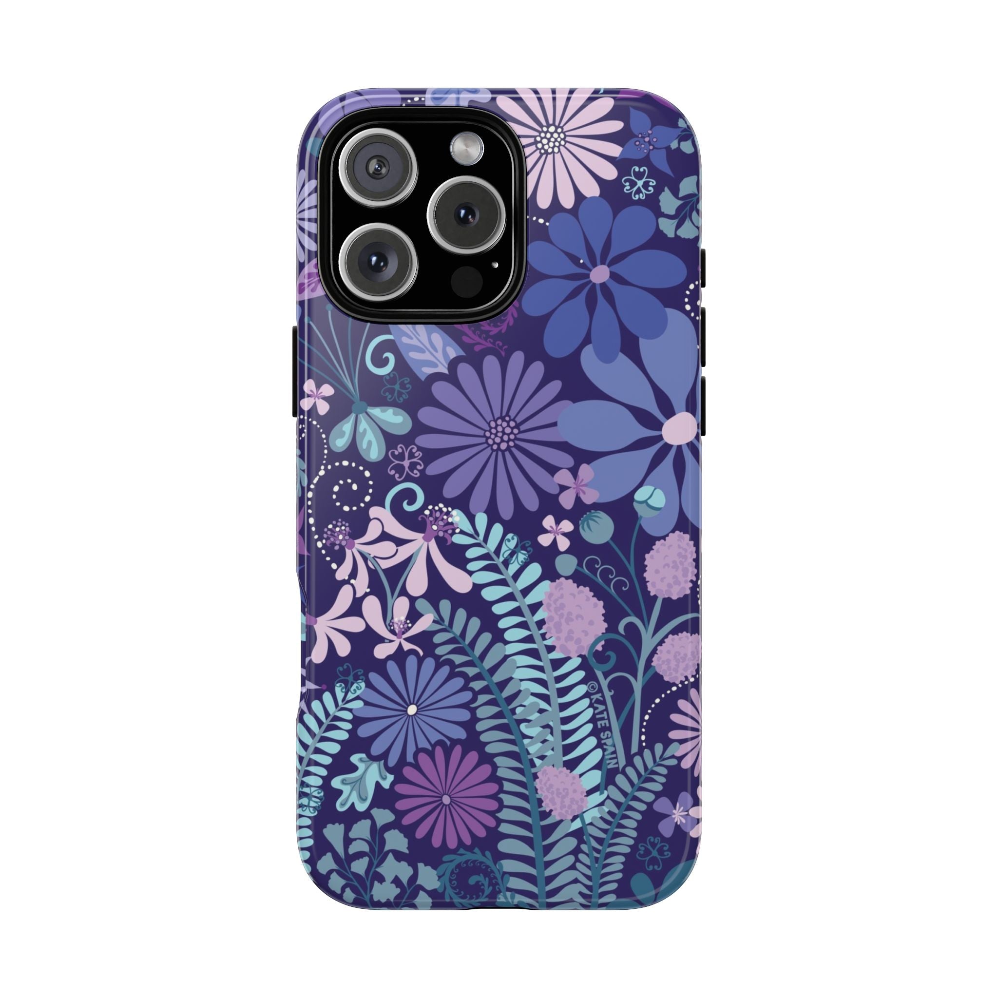 Luxury Terrain Tough iPhone 16 Pro Case – Matte | navy, purple, aqua botanical woodland floral print
