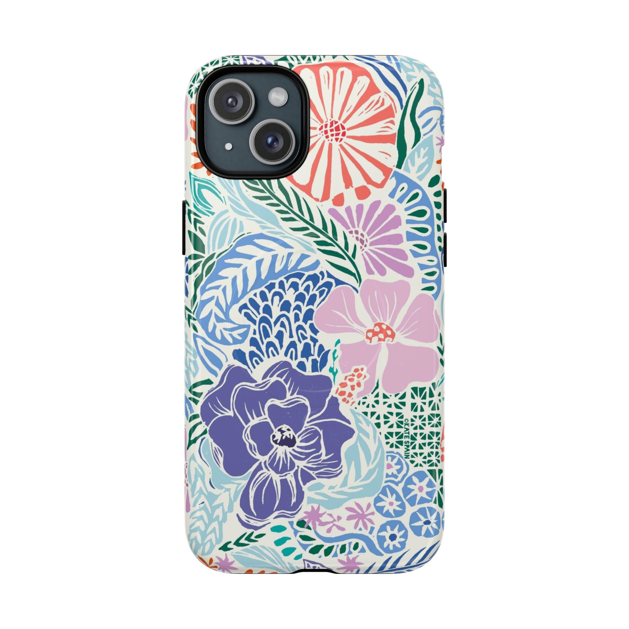Tropica MagSafe iPhone 15 Plus Case – Glossy | purple, coral, pink, blue botanical tropical floral print