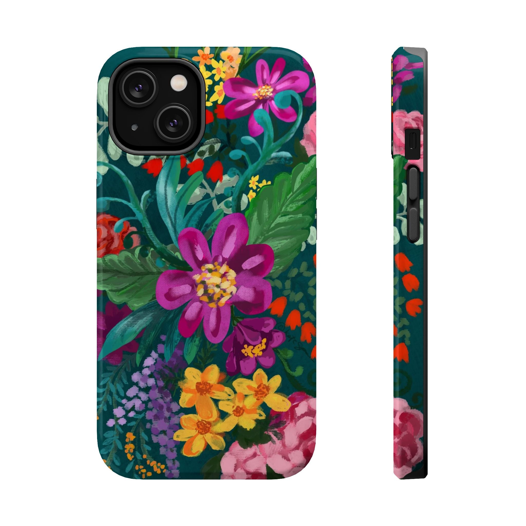 Posy MagSafe iPhone 14 Case – Glossy | teal, magenta, yellow, pink vibrant botanical floral print